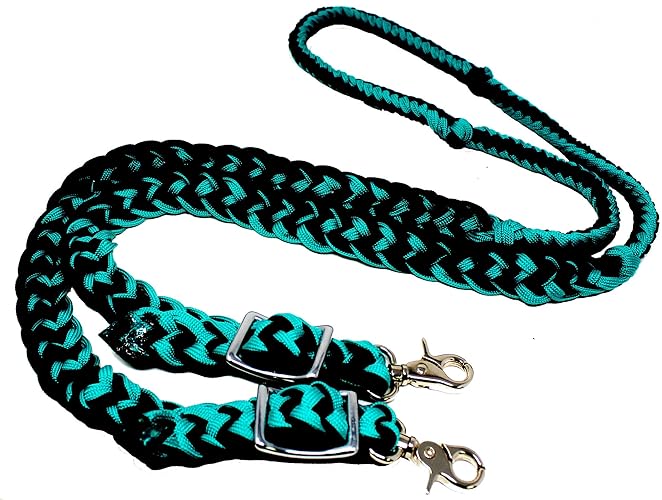 CHALLENGER Roping Knotted Horse Tack Western Barrel Reins Nylon Braided Emerald Green Black 60701