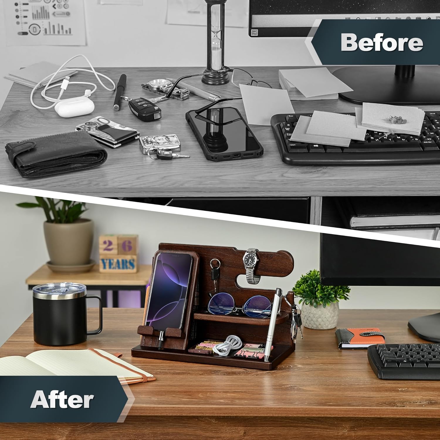 TESLYAR Wood Phone Docking Station for Men - Desk or Nightstand Organizer - Birthday Gifts for Husband, Dad - Anniversary Idea from Wife - Key Holder, Stand Wallet, Watch, Essentials (Chocolate Brown)