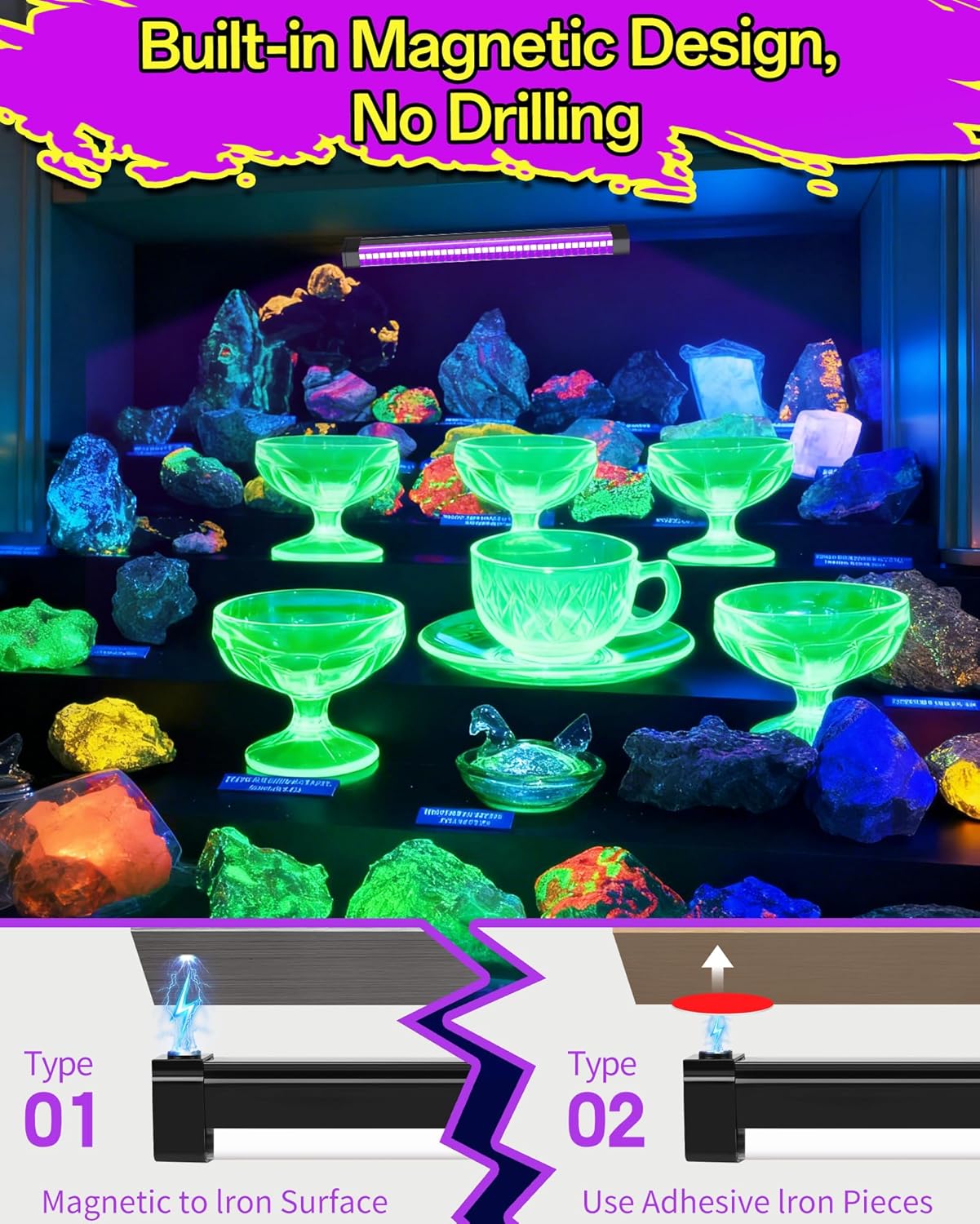 5000mAh Rechargeable Black Light Bar, Battery Powered Black Lights for Glow Party, Cordless Blacklight Strip for Halloween Decorations, Fluorescent Poster, Body Paint, Uranium Glass, 4 Pack