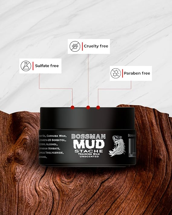 Bossman MUDstache Unscented Mustache Wax for Men (1 oz) Strong 24-Hour Hold, Non-Tacky & Easy to Apply for Taming & Styling