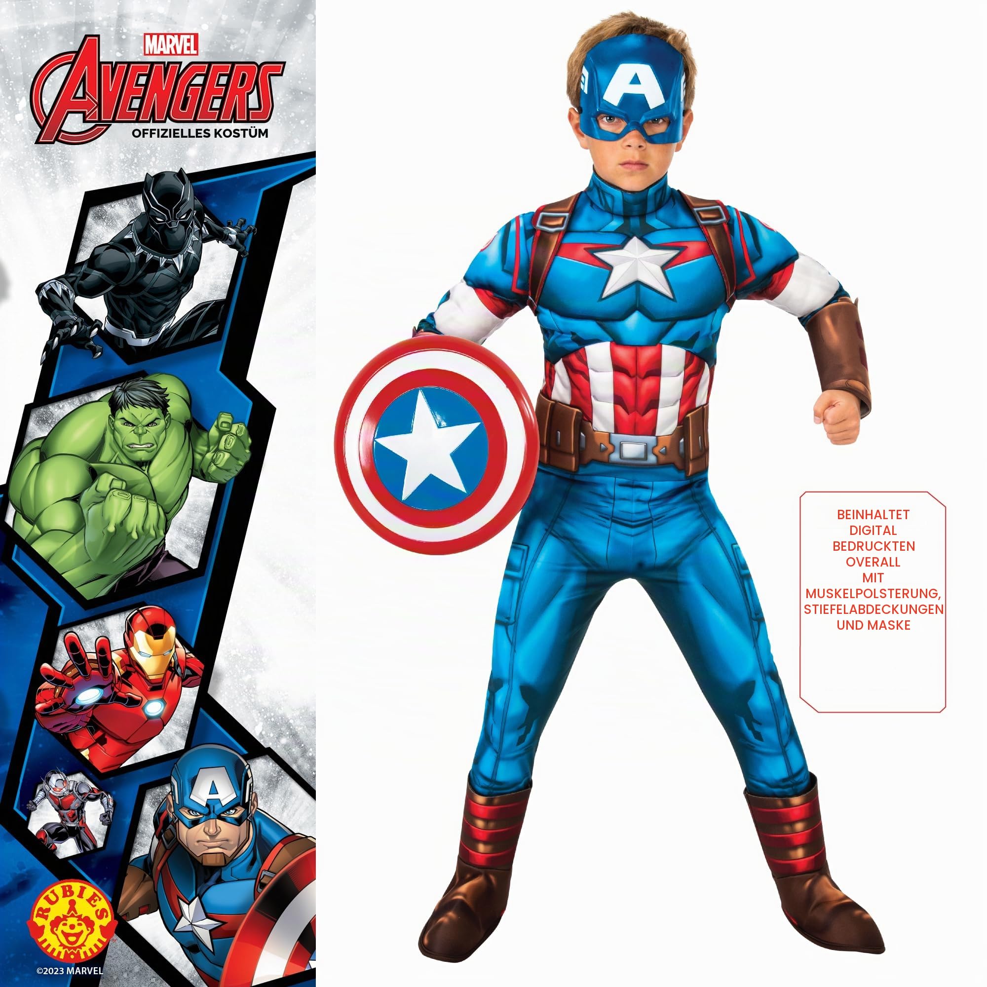 Rubies Captain America Deluxe Kostüm für Jungen und Mädchen, Jumpsuit mit gepolsterter Brust, Stiefelstulpen und Maske, offizielles Marvel-Kostüm für Karneval, Weihnachten, Geburtstag, Party und