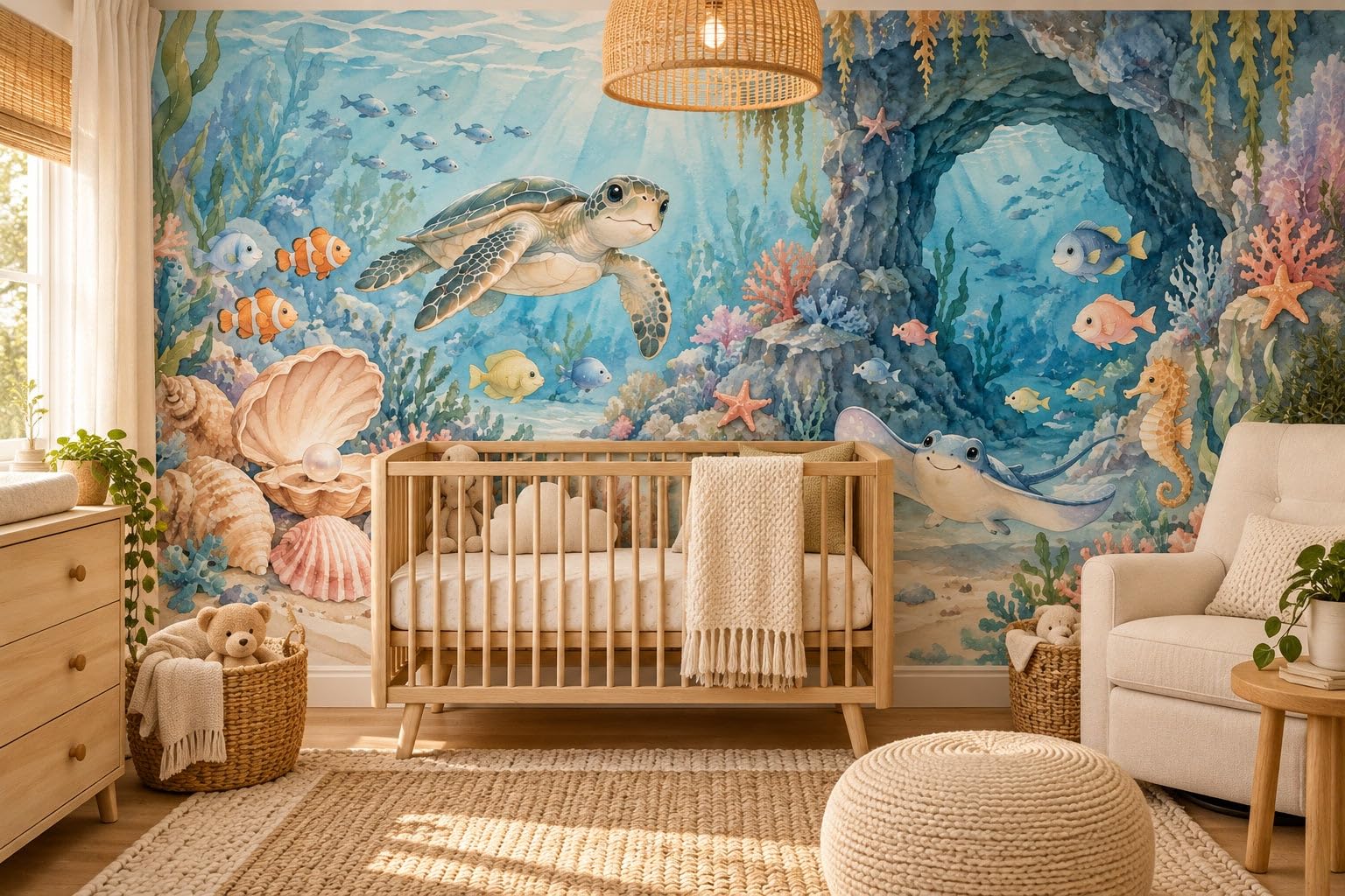 MOOGCO Schatzbucht Fototapete, Wandbild zum Abziehen und Aufkleben für das Kinderzimmer, Aquarell Ozean Babyzimmer Tapete, 60 x 40 in
