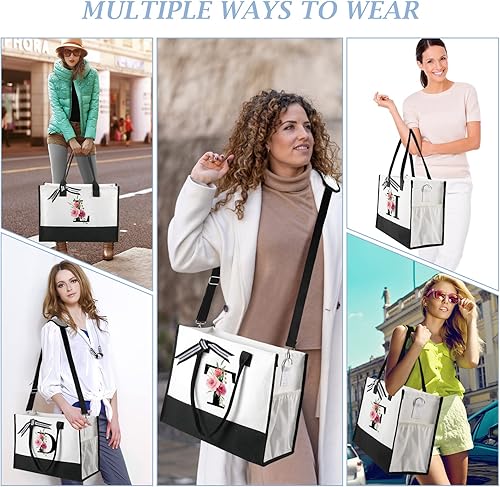 Miniatura 4 de Regalos de cumpleaños personalizados para amigos, bolsa de mano con iniciales florales para mujer, bolsa de playa Can-vas con bolsa de maquillaje,