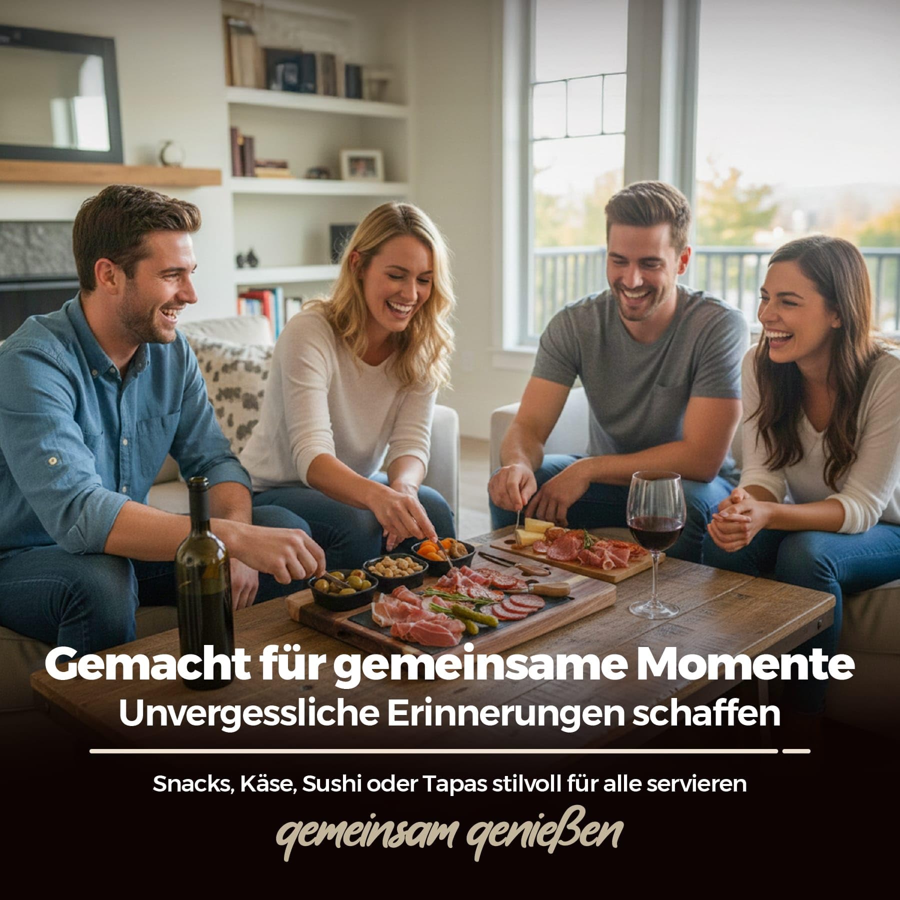 Servierbrett Set PERSONALISIERBAR mit Schieferplatte – Große Antipasti Platte aus Akazienholz inkl. Käsemesser & 3 Schalen – Servierplatte für Käse, Sushi, Tapas & Grill – Käseplatte 40x30 cm