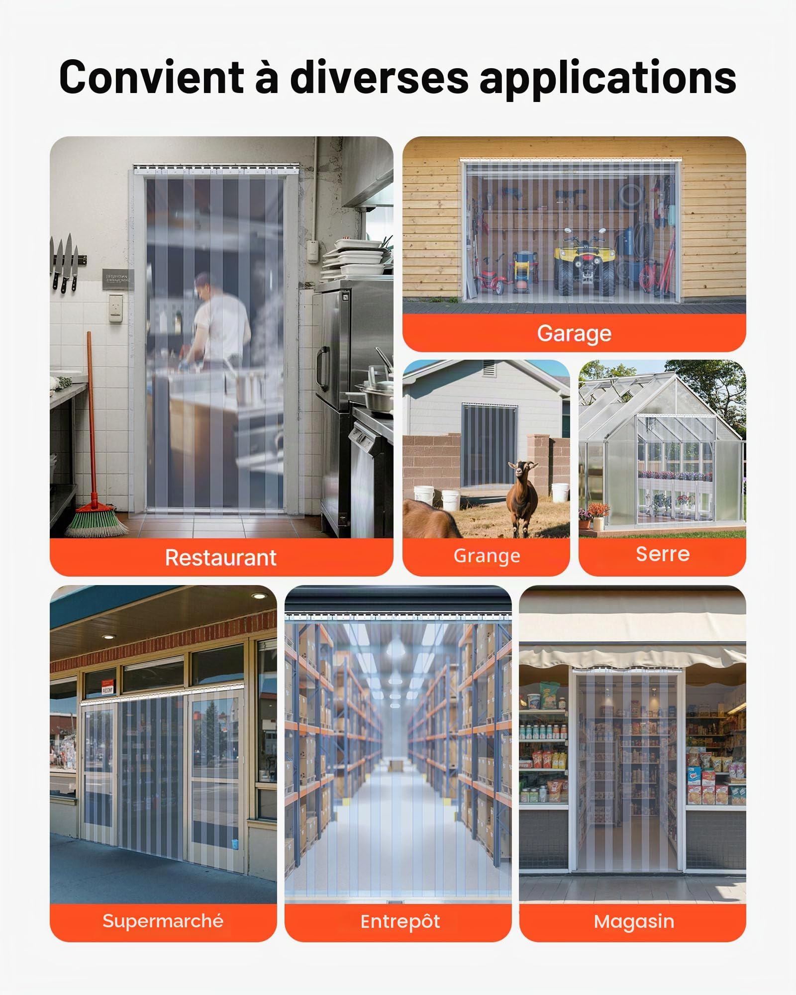 VEVOR Rideau Lanière PVC 1,5x2,4 m Rideau Lamelle Plastique Transparent de Porte, Lot de 10, Bande Isolation Thermique Coupe Vent, pour Portes de Supermarchés, de Garages, d'Entrepôts, de Restaurants
