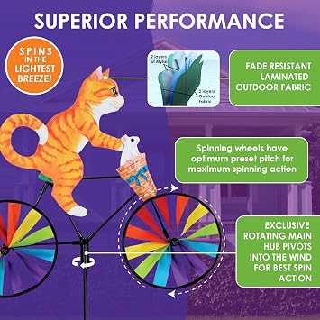 Bike Spinner Kitty 20 Playful Feline Design, Weather-Resistant Outdoor Decor, Durable & Lightweight for Patios, Yards, and Gardens - Eye-Catching Wind Spinner with Rotating Wheels