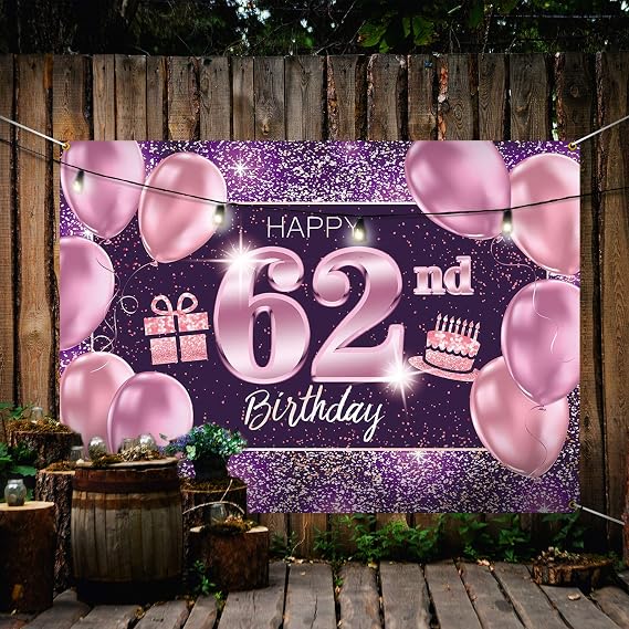 Happy 62nd Birthday Banner Backdrop - 62 Birthday Party Decorations Supplies for Women - Pink Purple Gold 4 x 6ft