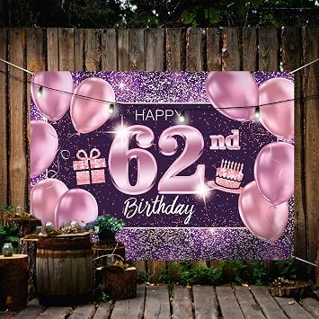 Happy 62nd Birthday Banner Backdrop - 62 Birthday Party Decorations Supplies for Women - Pink Purple Gold 4 x 6ft