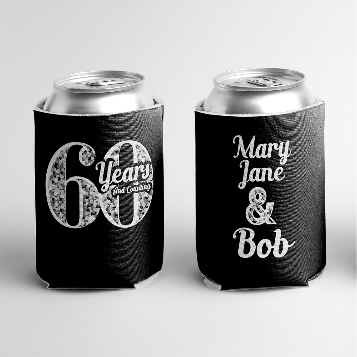 VictoryStore Custom 60th Anniversary Can Coolers – “60 Years and Counting” Design – Personalized Set with 2 Custom Text Lines – Fits 12–16 oz Cans & Bottles – Reusable Party Favors, Set of 25
