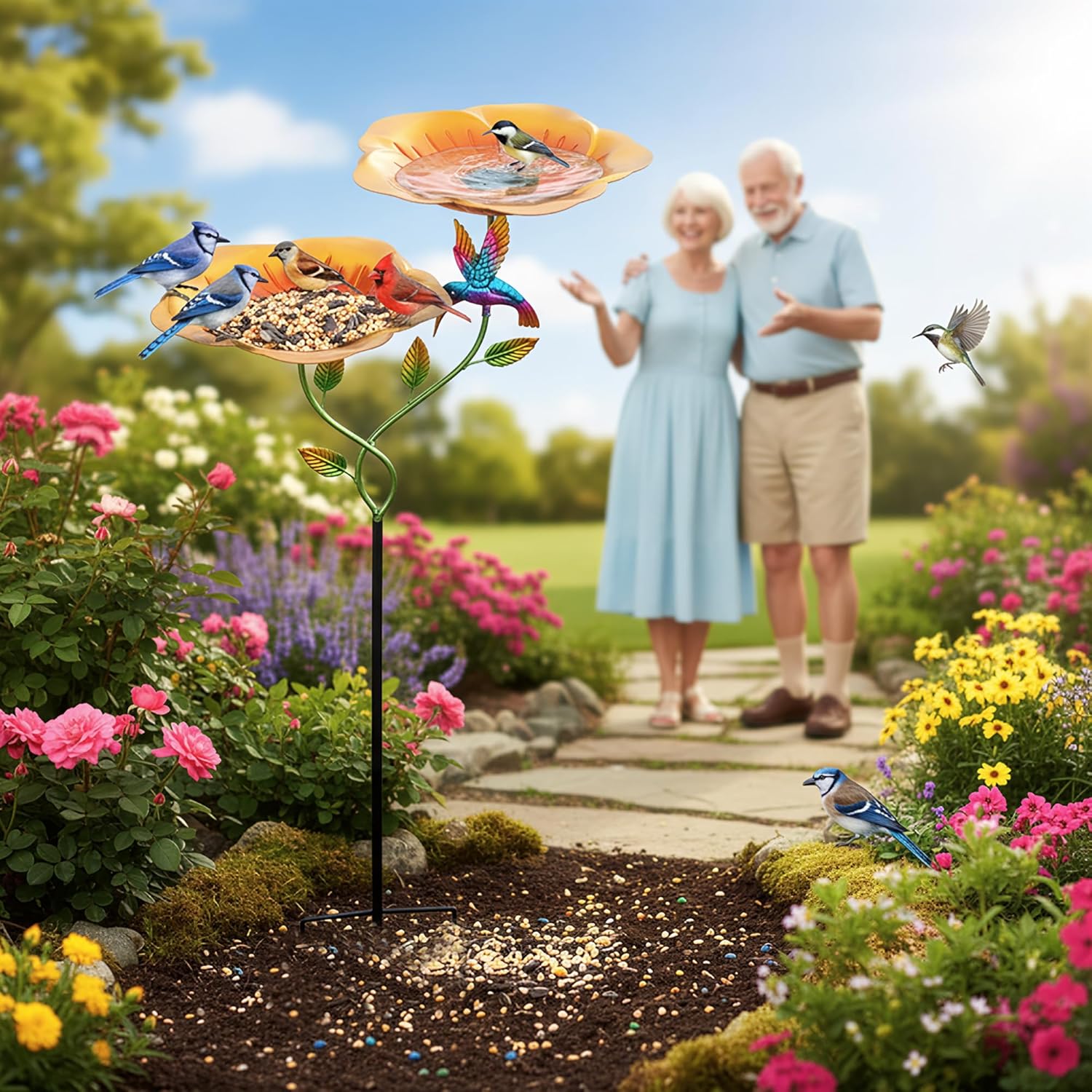 37.4 Inch Floral Metal Bird Bath for Outside - Standing Bird Feeder with Dual Flower Bowls Detachable Birdbath with Hummingbird Decor Metal Stake Base for Garden Yard Outdoor (Yellow)