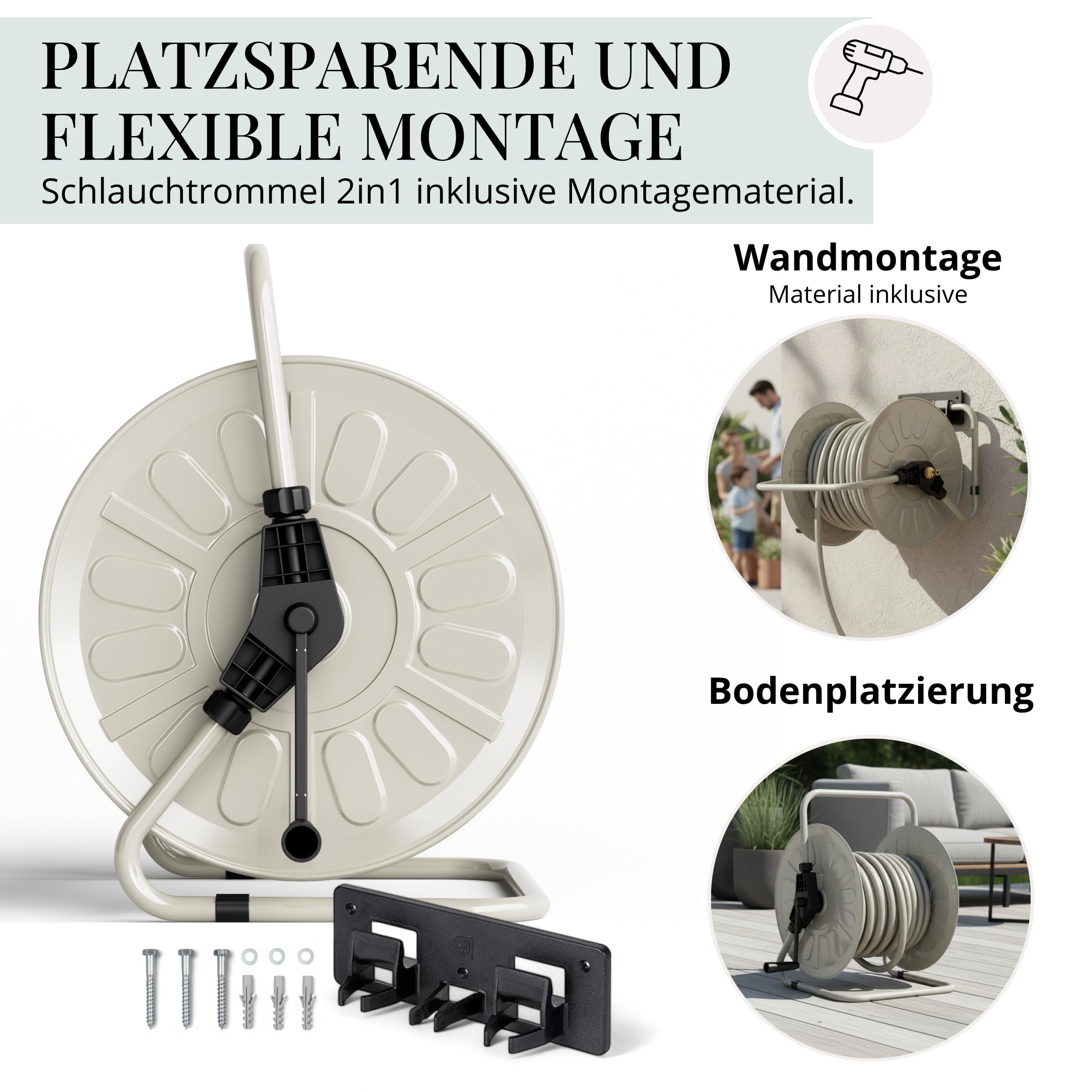 Livlig53 LIVLIG Schlauchtrommel Metall, pulverbeschichtete Gartenschlauch Trommel Made in Italy, Schlauchhalter bis zu 50m Gartenschlauch, Wandmontage & Bodenbetrieb, Greige