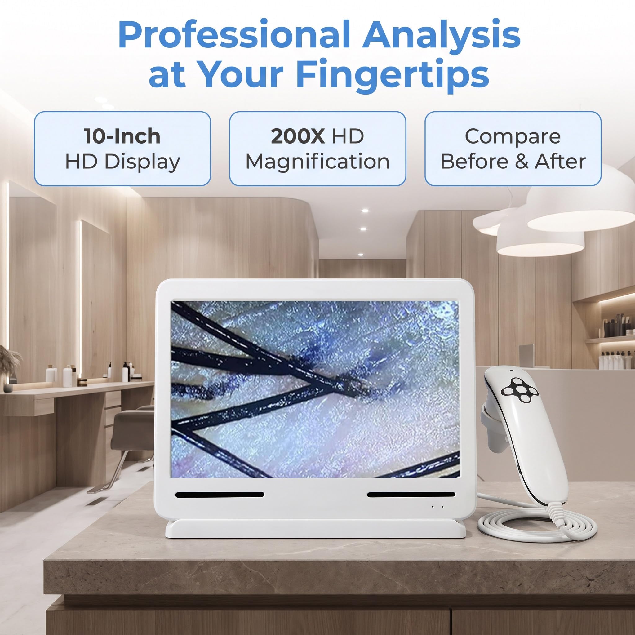 10,1-Zoll-Haut- Und Haaranalysegerät | 200-Fache Vergrößerung + 10 Megapixel + 4-Bildschirm-Vergleich; Professionelles Analysegerät