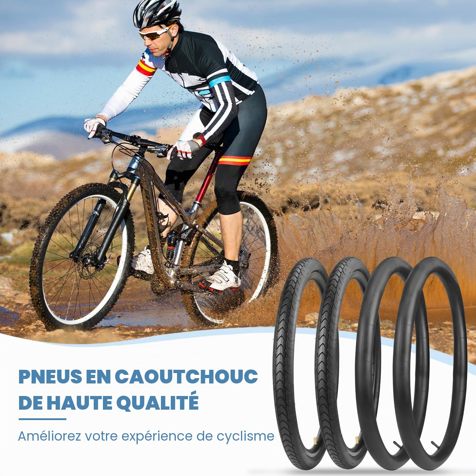 MEGHNA Lot de 2 pneus de vélo 27,5" en nylon anti-crevaison 27TPI 27,5 x 1,75 avec gaine + 2 chambres à air 27,5 x 1,75/2,125" + 2 démonte-pneus