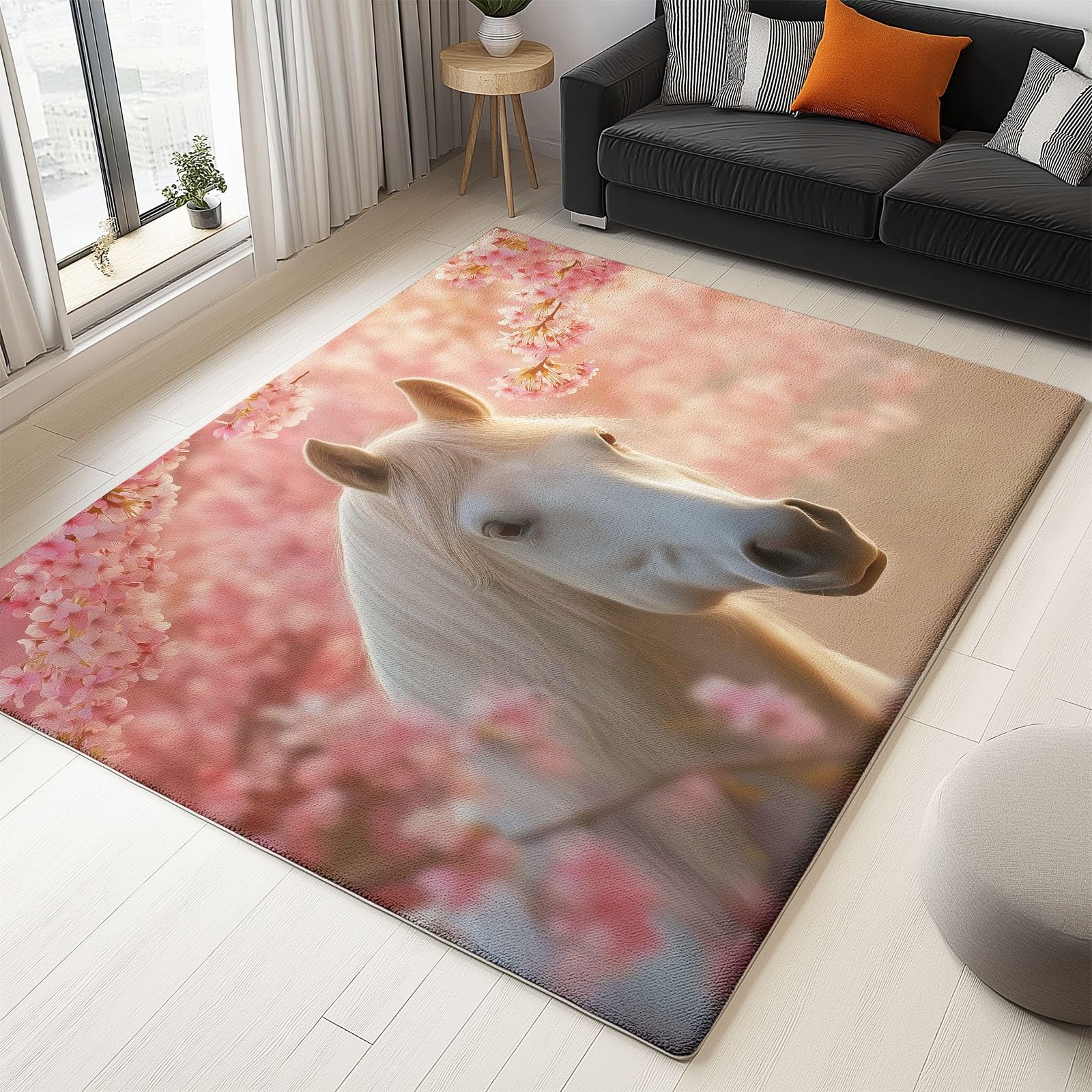 Générique Tapis Salon Cheval Blanc Animal Fleurs De Cerisier 80x150 cm Tapis Chambre Moderne Tapis de Salon Tapis Antidérapant Poils Ras, Lavable en Machine, Tapis pour Interieur et Exterieur