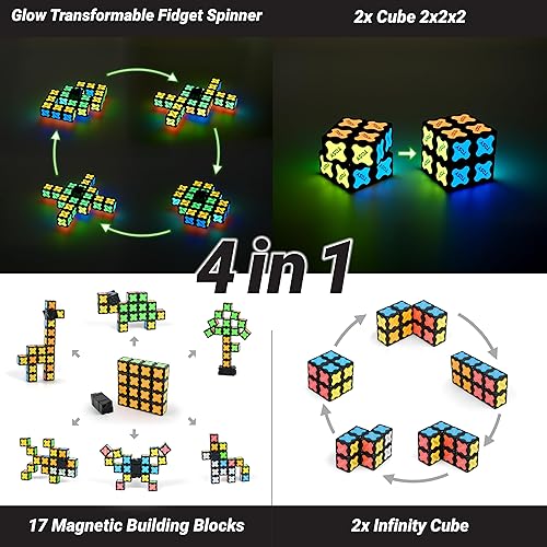 Miniatura 4 de TOSY Spinner magnético que brilla  16 bloques, juguete 3 en 1 juguete transformable, cubo infinito, cubo de rompecabezas 2x2, brillo, STEMSTEAM