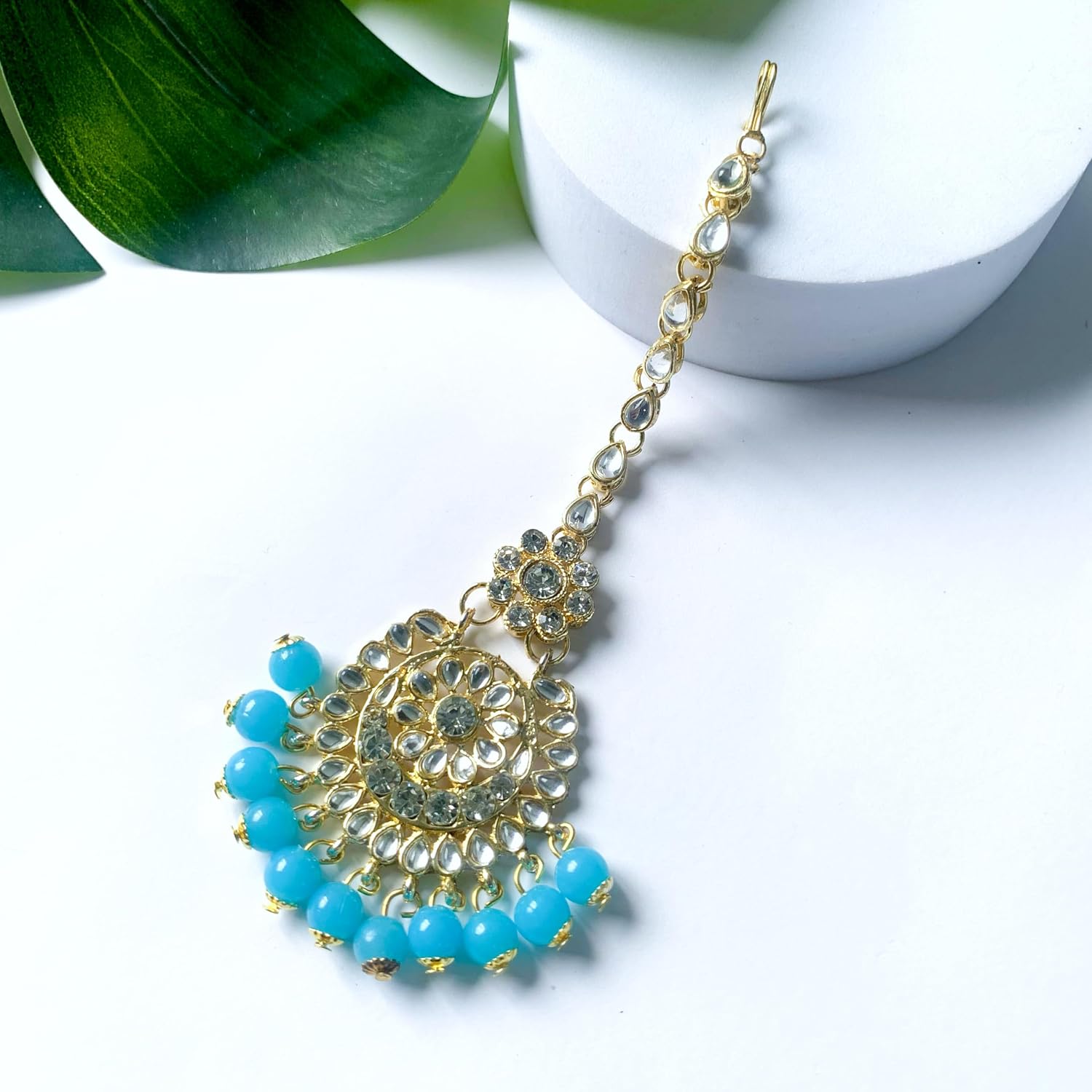 I Jewels Gold Plated Indian Wedding Bollywood Kundan Studded Pearl Maang Tikka/Headpiece for Women (T2501Sb)
