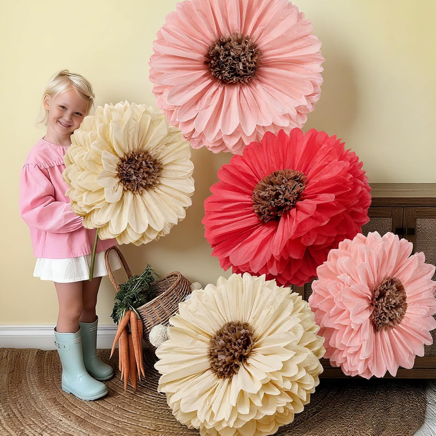 Chunful 5 Pcs 30'' 24'' Giant Fairy Tissue Paper Flowers Decoration Large Hanging Tissue Paper Pom Poms Decor for Fairy Garden Birthday Bachelorette Wedding Baby Shower Bridal Shower Party Decoration