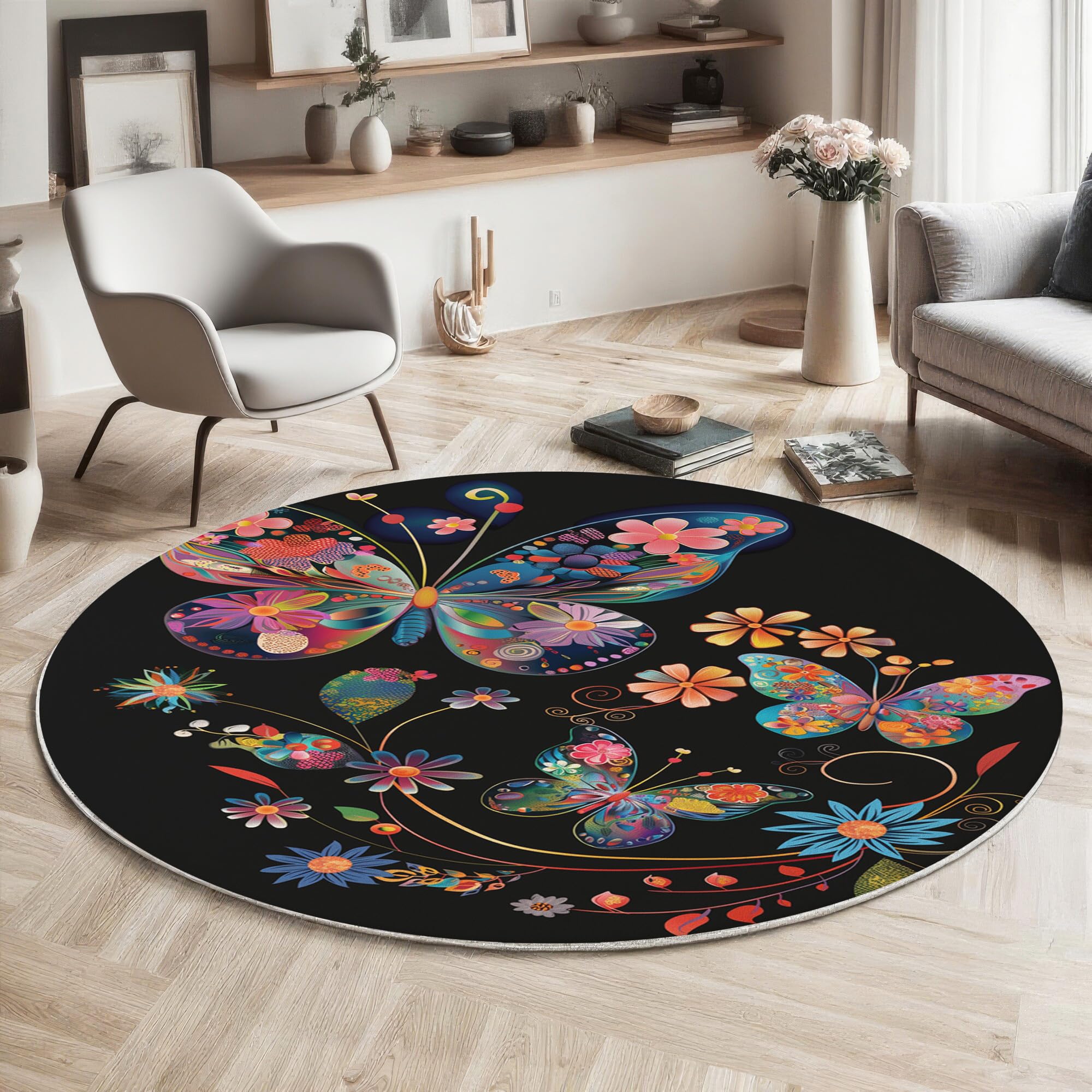 Moquette chambre adulte lavable tapis rond noir 80cm antidérapant