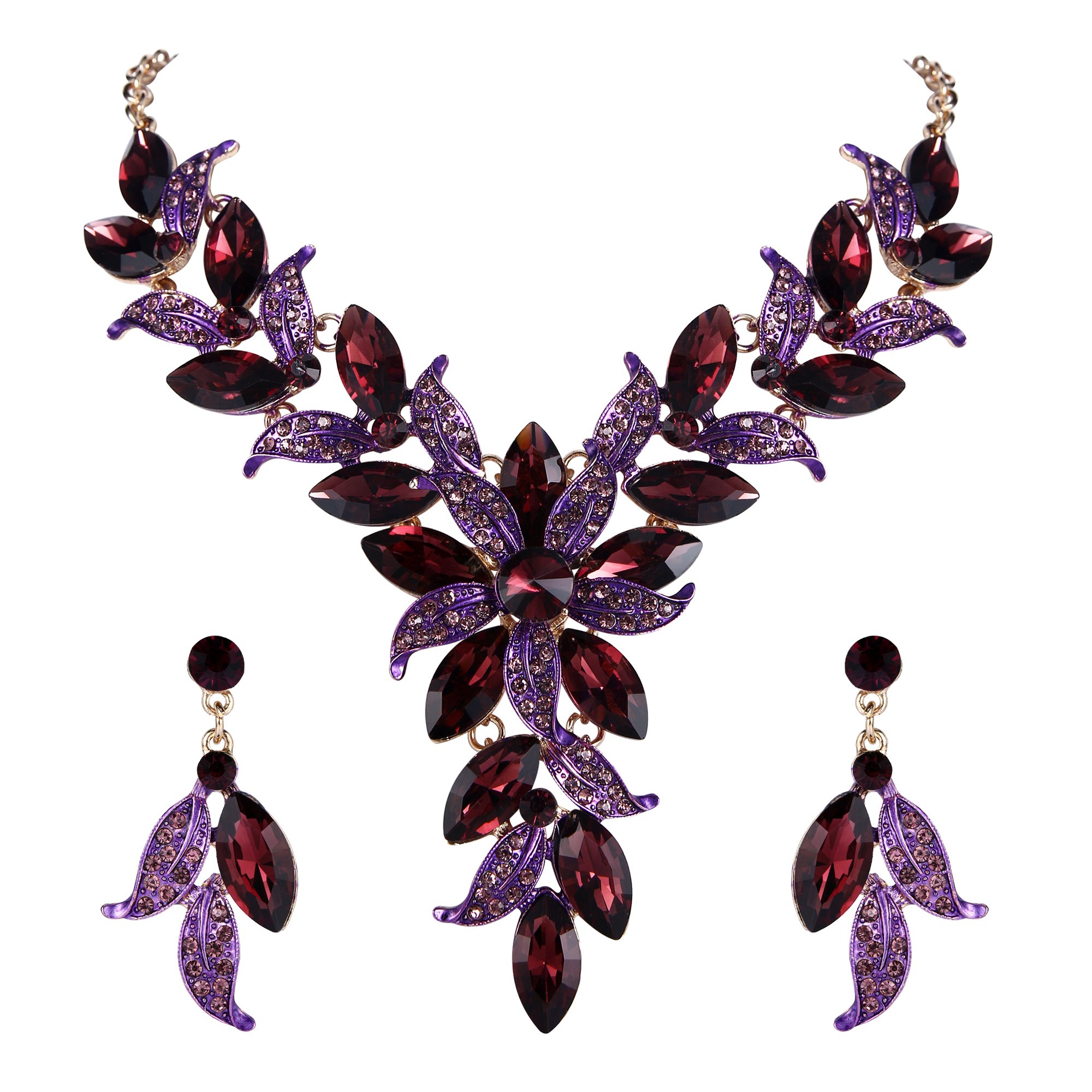 BriLoveWomen's Wedding Bridal Crystal Marquise-Shape Leaf Flower Enamel Statement Necklace Dangle Earrings Set
