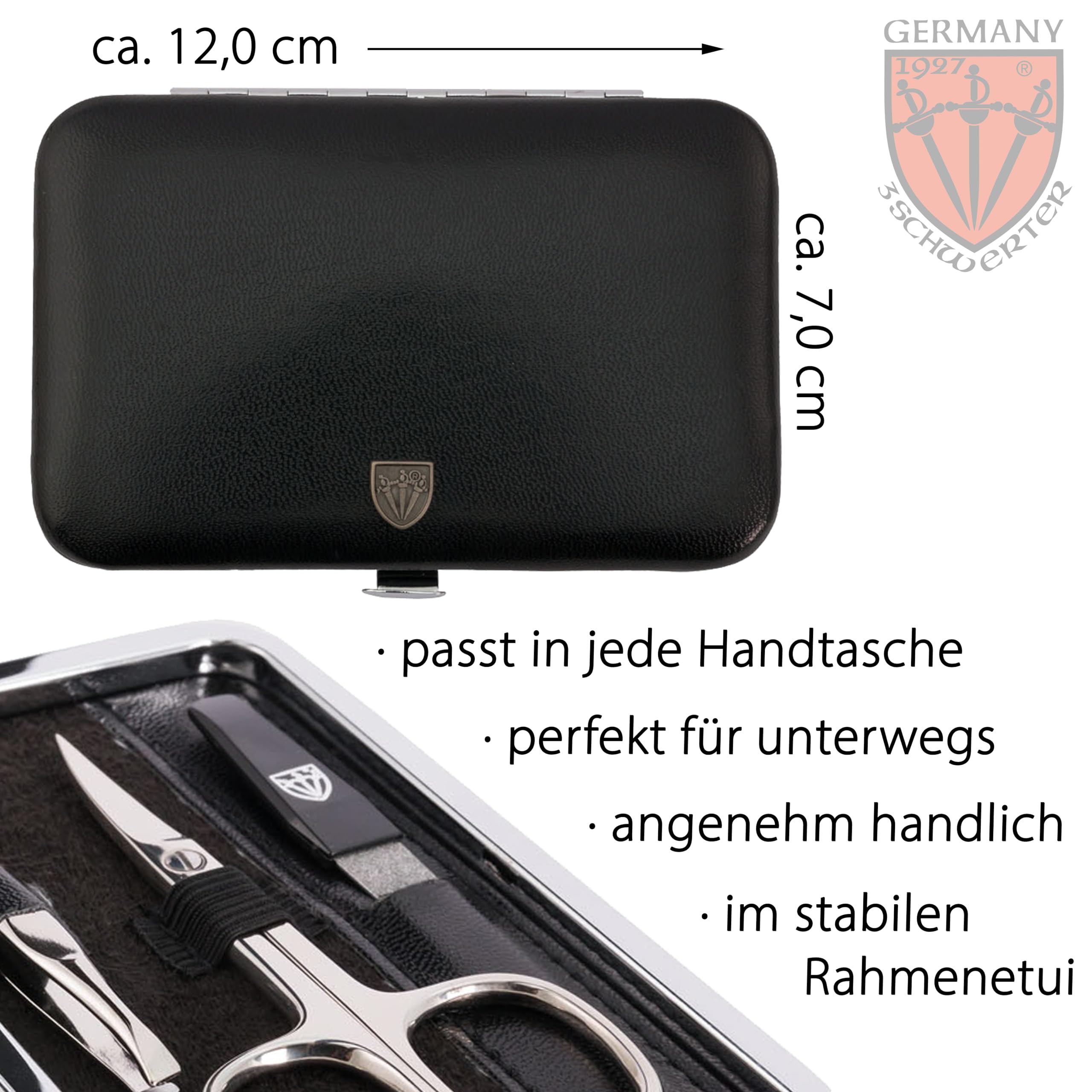 DREI SCHWERTER - Germany 6-tlg. Maniküreset 'Genova' | Nagelpflegeset in schwarzem Kunstlederetui | Inhalt: Nagelschere, Hautschere, Nagelknipser, Glasnagelfeile, Pinzette, Saphirnagelfeile