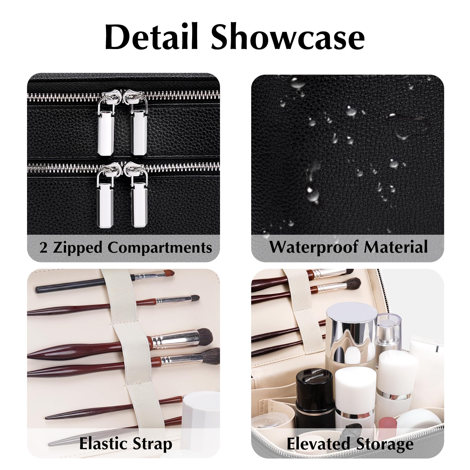 Trousse de toilette, trousse de maquillage pour femme, trousse de maquillage de grande capacité et deux niveaux, trousse de toilette de voyage avec compartiments et poignées, Noir