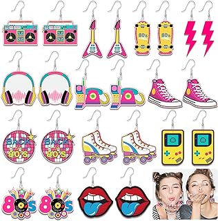 12 Pairs 80s Retro Earrings 1980s Neon Earrings for Women 80s Costume Earrings Pendant Acrylic Drop Dangle Retro Jewelry Accessories for Girl Women Ladies Gift