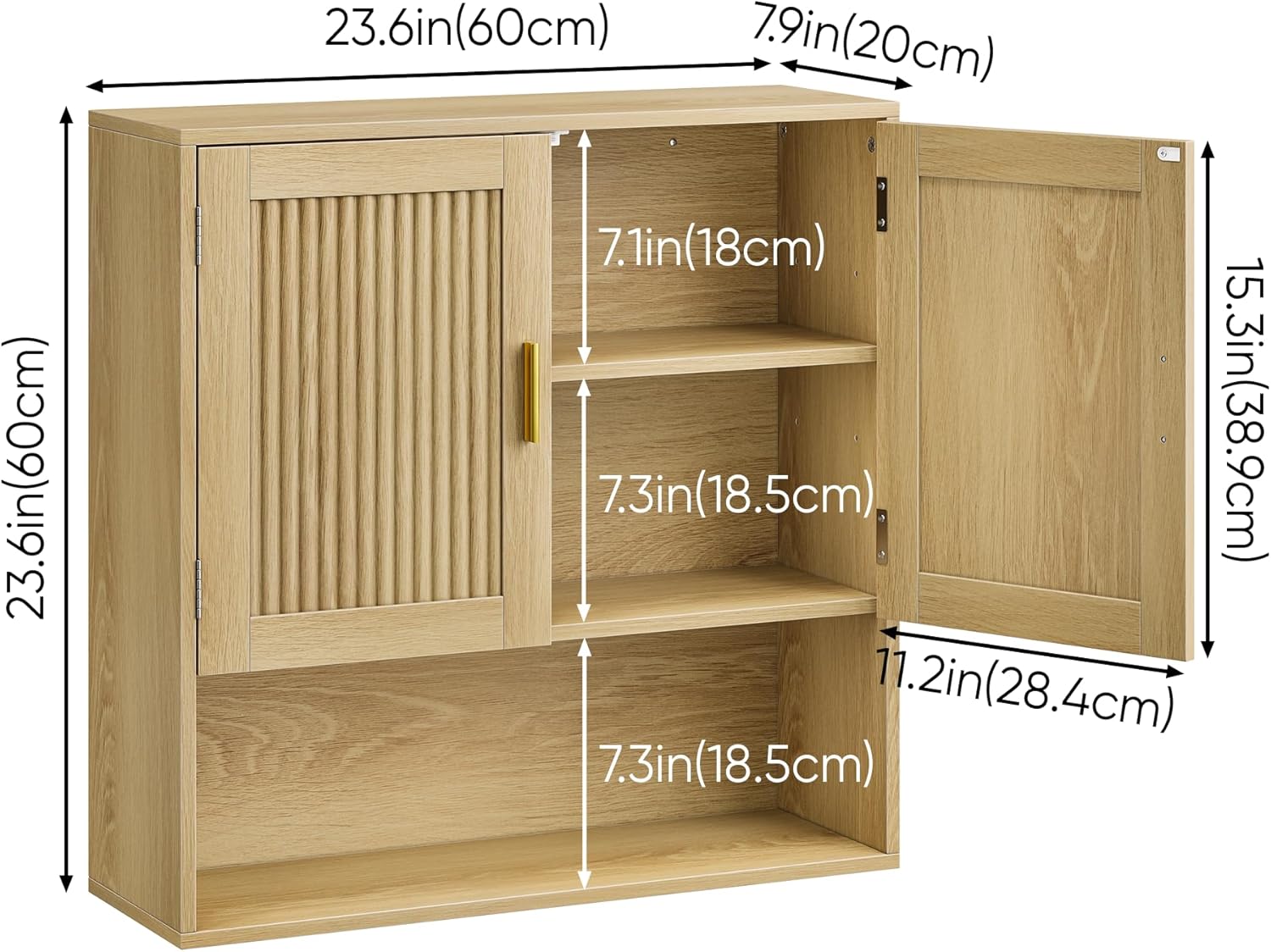 Fluted Bathroom Cabinet, Bathroom Wall Cabinet with Adjustable Shelves, Wooden Wall Storage Cabinet for Bathroom, Kitchen, Living Room, Bedroom