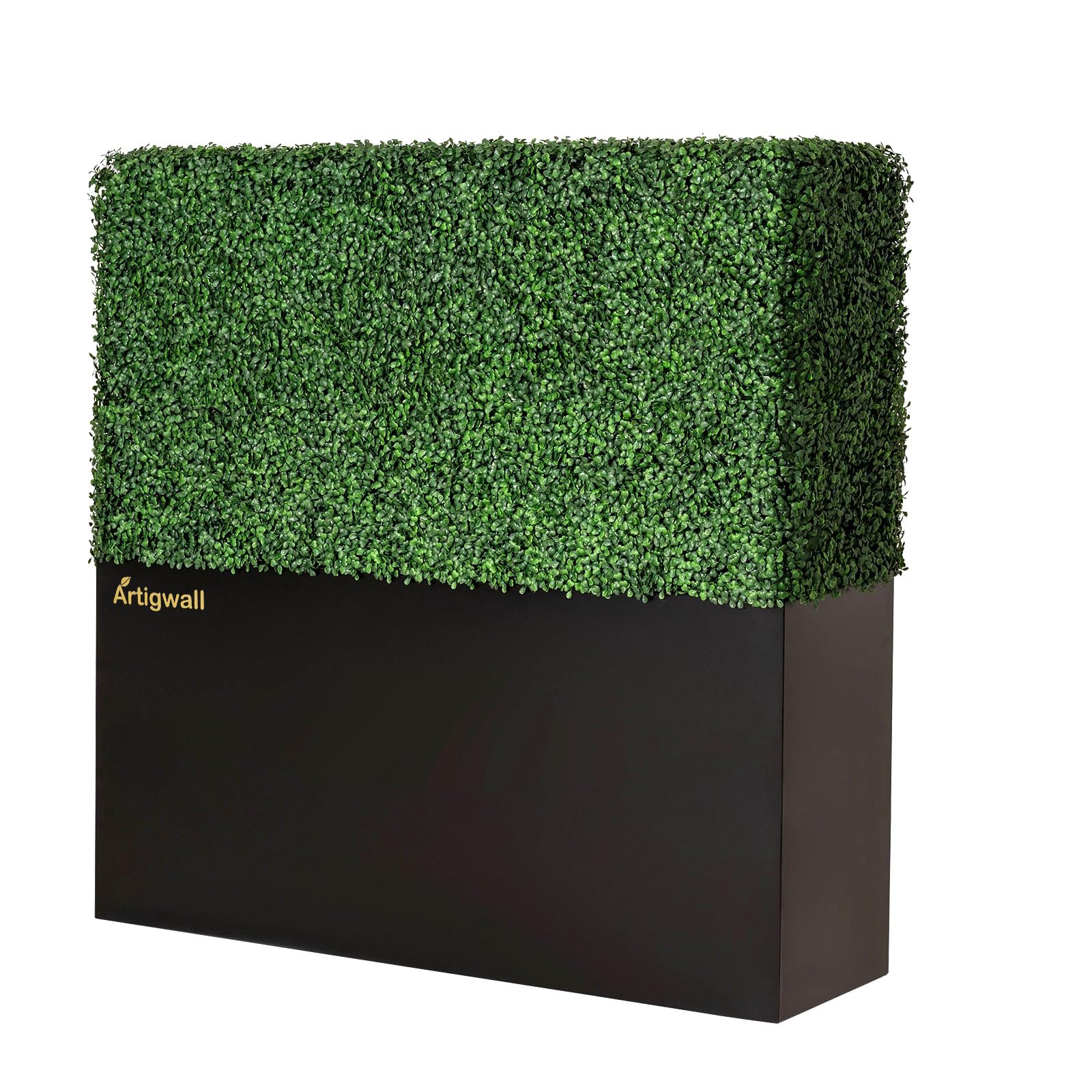 Pared de seto artificial con maceta negra cubierta por popular boj verde oscuro anti-UV, 50 pulgadas de largo x 48 pulgadas de alto x 14 pulgadas de profundidad