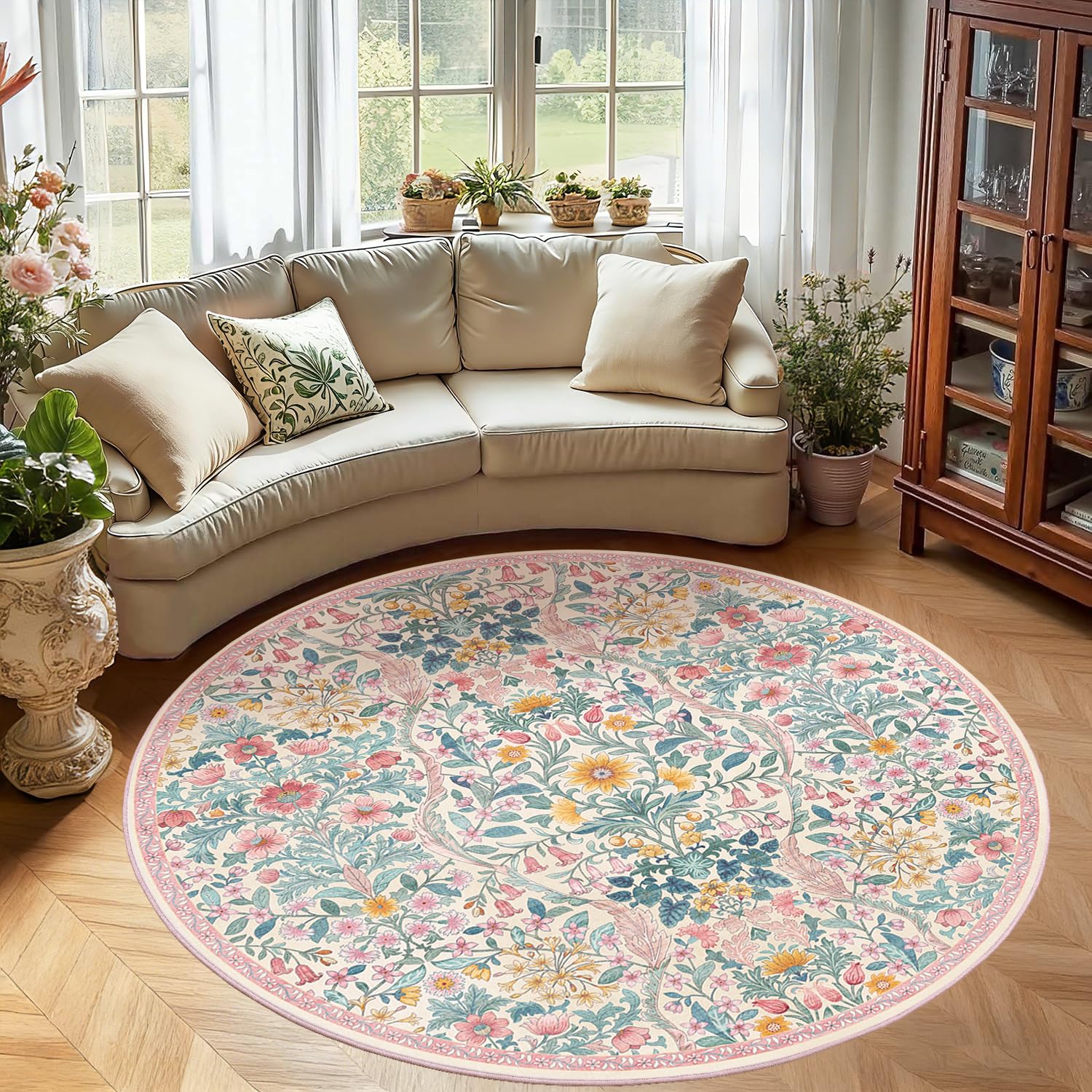Round Rug 6ft Floral Circle Rug Pink Botanical Indoor Area Rugs