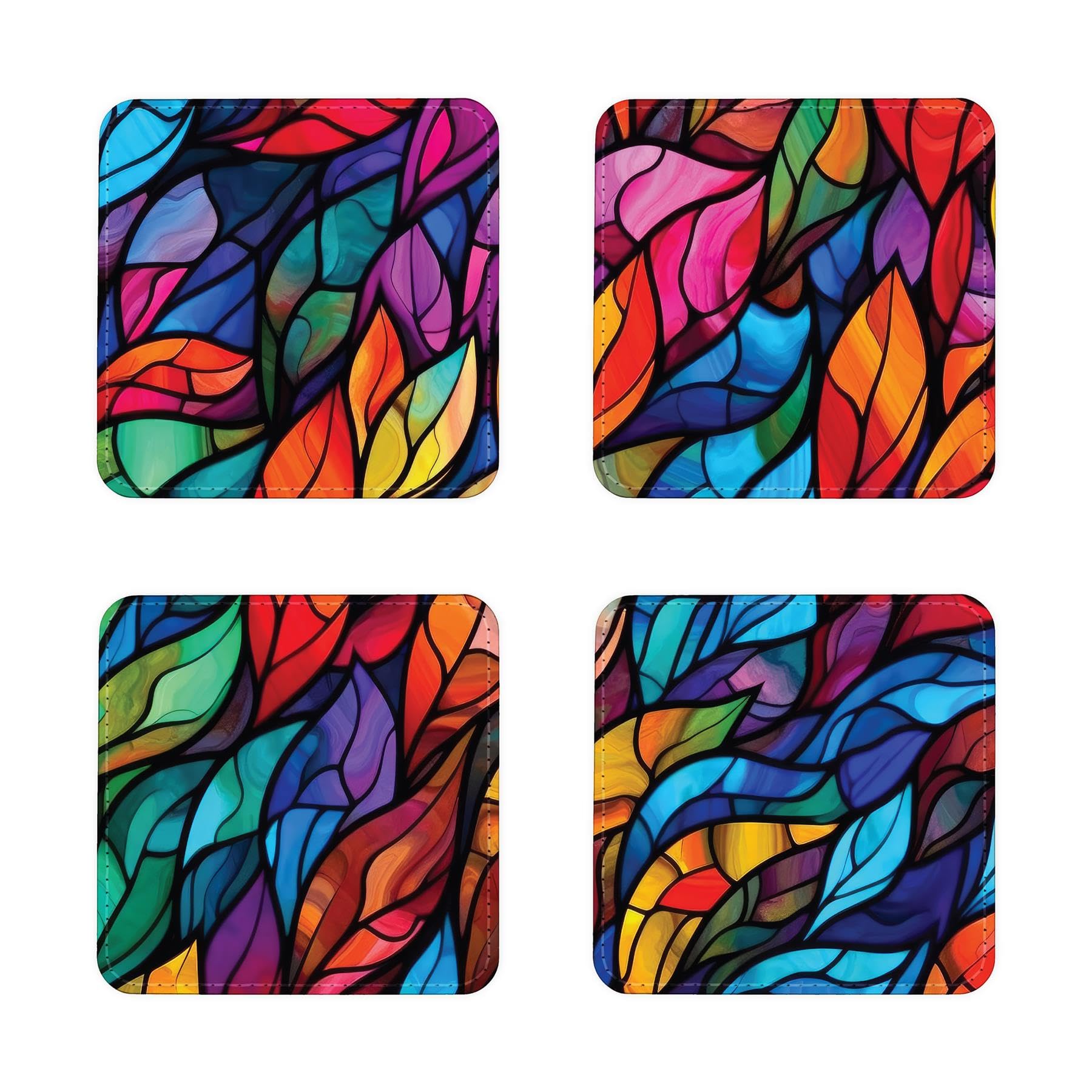 Stained Glass Print Faux Leather Coasters - Wipeable Table Decor, Set of 4