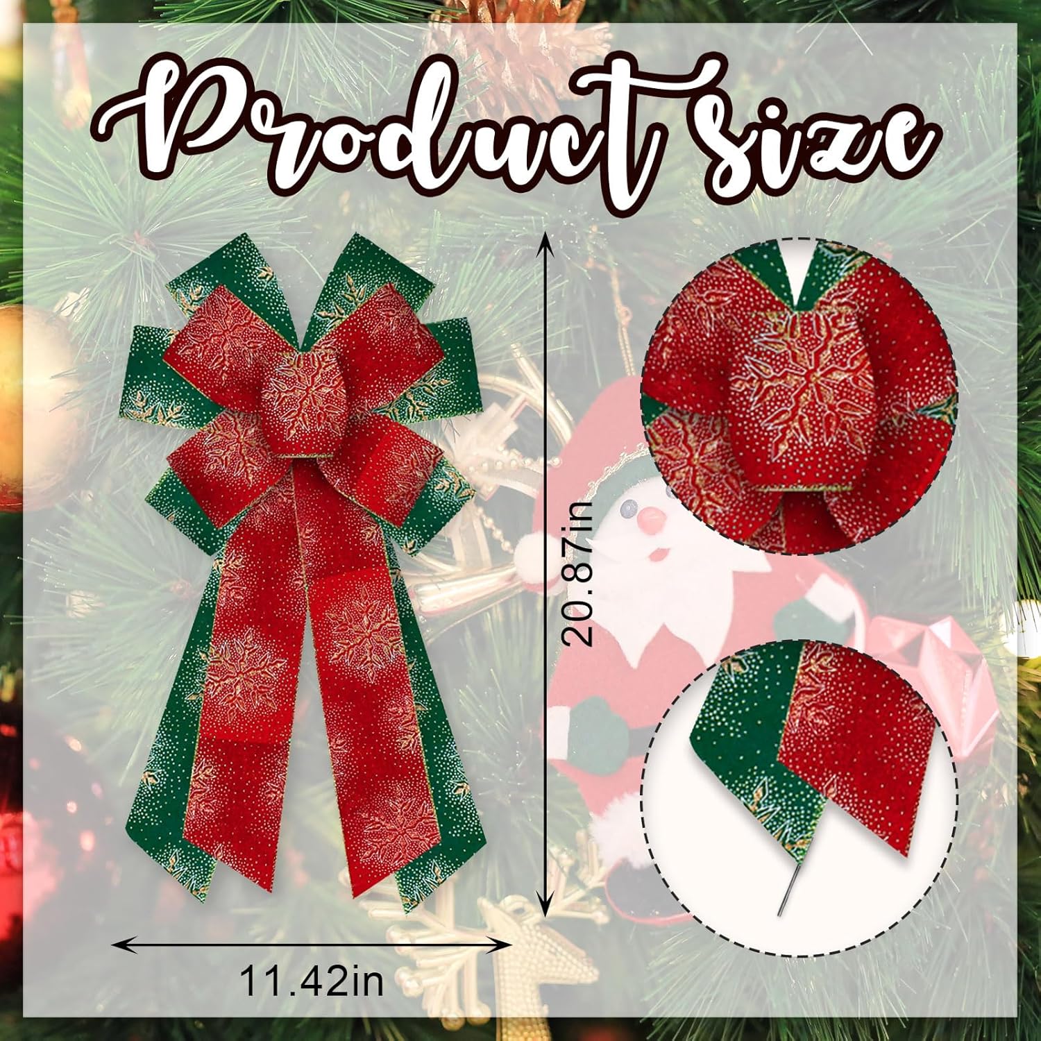 Large Christmas Bow - Red Green Glitter Snowflake Wreath Bow for Christmas Decor, Winter Front Door Indoor Outdoor Tree Topper Decoration Supplies Garland Hanging Ornament - Image 2