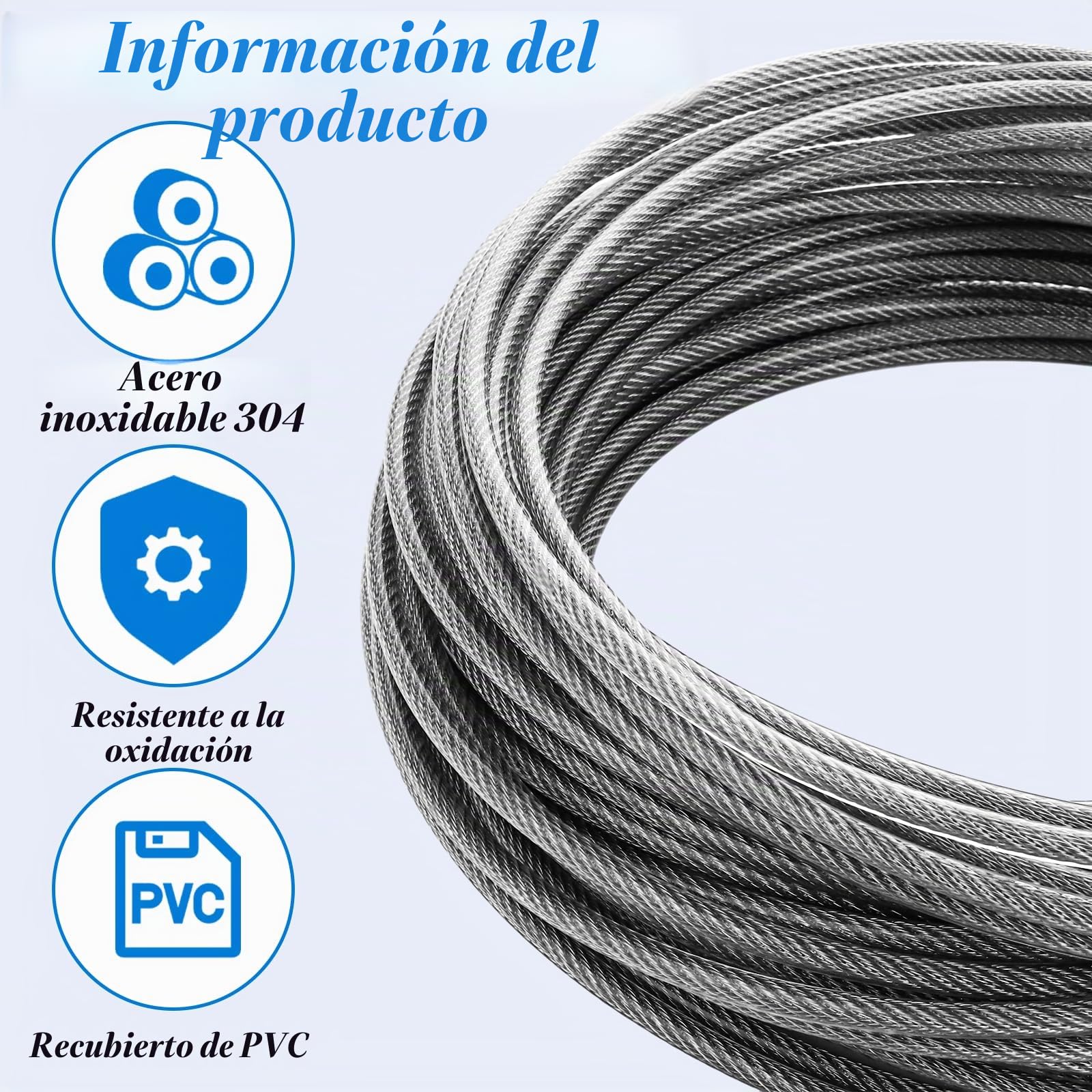 MIVIDE Cable de alambre de acero inoxidable de 5 mm, acero inoxidable 7 x 7, 30 metros de longitud, cable tensor de acero inoxidable recubierto de PVC, cable de alambre de acero inoxidable para valla