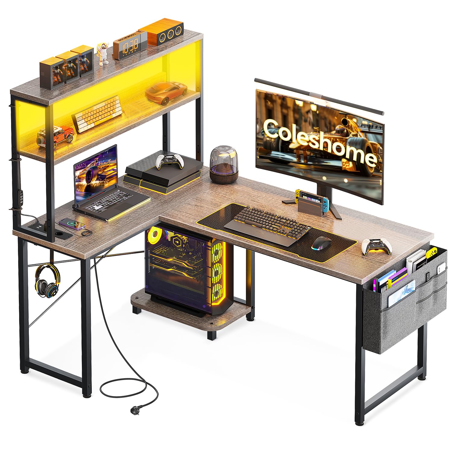 Coleshome Scrivania Gaming con LED e Prese, 110 × 80 cm Scrivania Gaming Angolare Reversibile con Scaffali Portaoggetti, Tavolo Angolare con Borsa Portaoggetti per Giocatori, Grigio Rovere