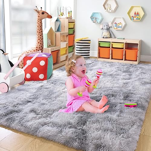Chicrug Cute Fluffy Area Rug for Girls Bedroom, 4x6 Feet Fluffy Kids Rug for Room Decor, Shag Soft Dorm Playroom Rug, Bedside Rug for Baby Nursery Room, Grey