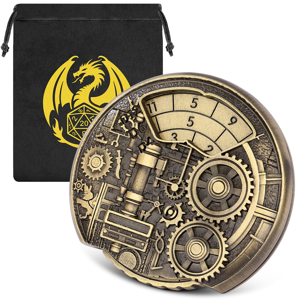 7-in-1 Dungeon Gear Fingertip Gyro, DND Wheel Dice Spiner, DND Starter Set, 7-in-1 Metal Dice Set, D&D Gifts with Dragon Logo Gift Bag, Tabletop Games, Role Playing Board Game Accessories, Bronze 
