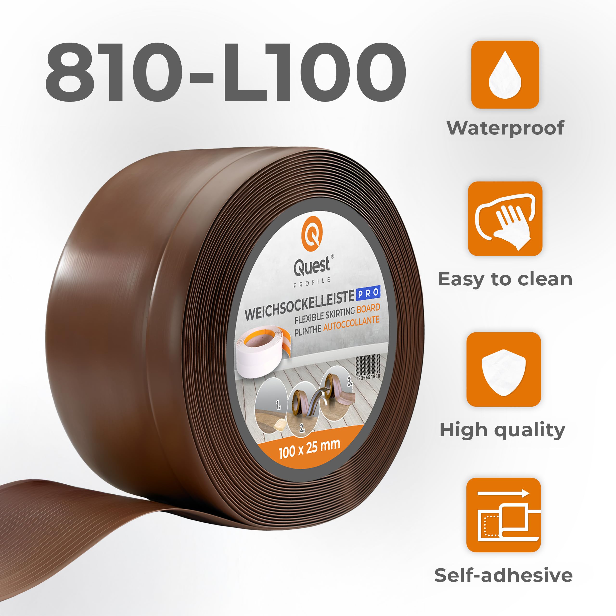 Quest Rodapié Flexible PVC 100x25 mm - Marrón, 10 m