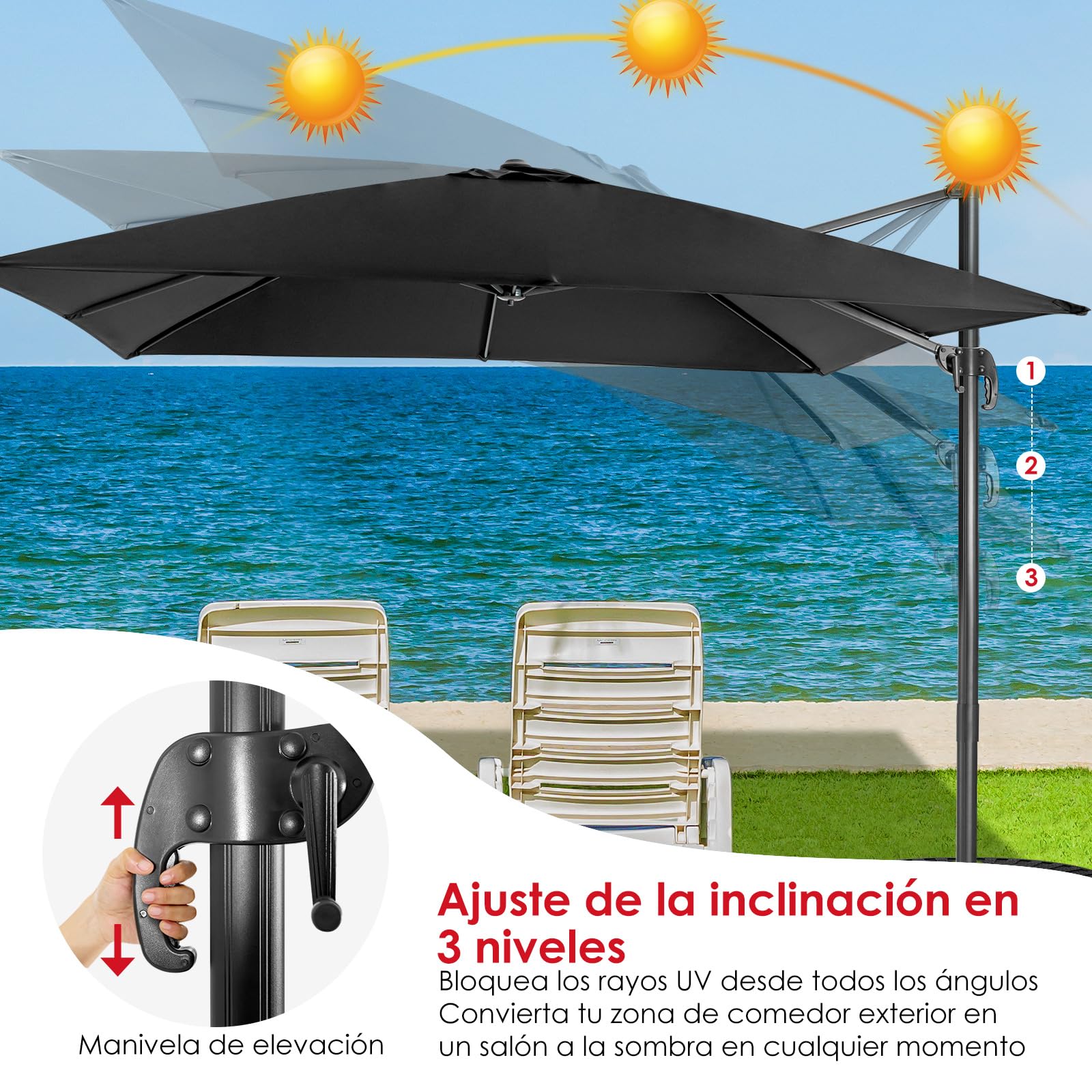 COSTWAY Sombrilla Terraza Exterior 3x3M con Base Cruzada, Sombrilla Rectangular 3 Inclinaciones, Rotación 360°, Parasol Excentrico Grande Jardin Terraza Playa Exterior