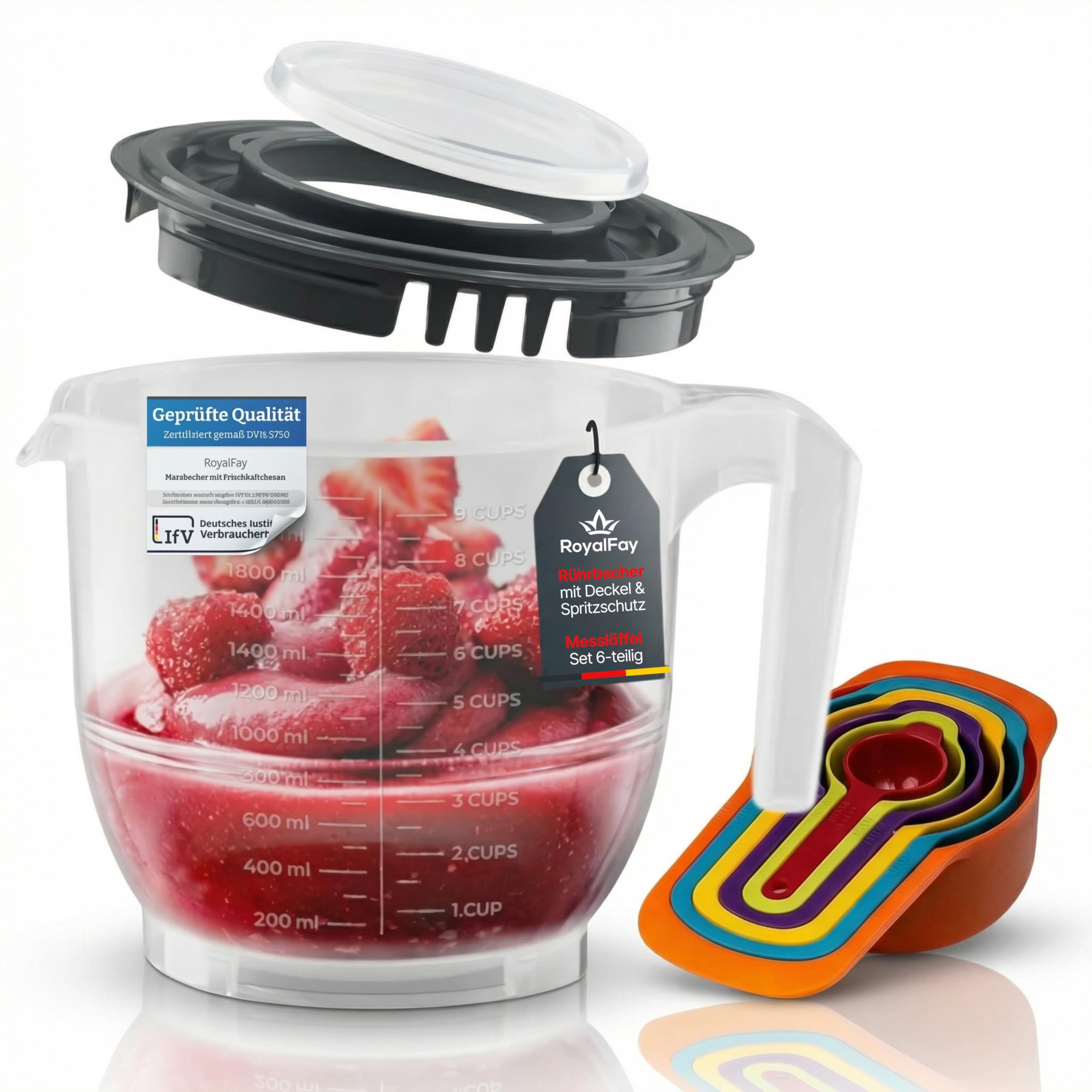 RoyalFay® Rührbecher Messbecher mit Spritzschutzdeckel 2200 ml Kunststoff (PP) (Rührbecher & Messlöffel Set)
