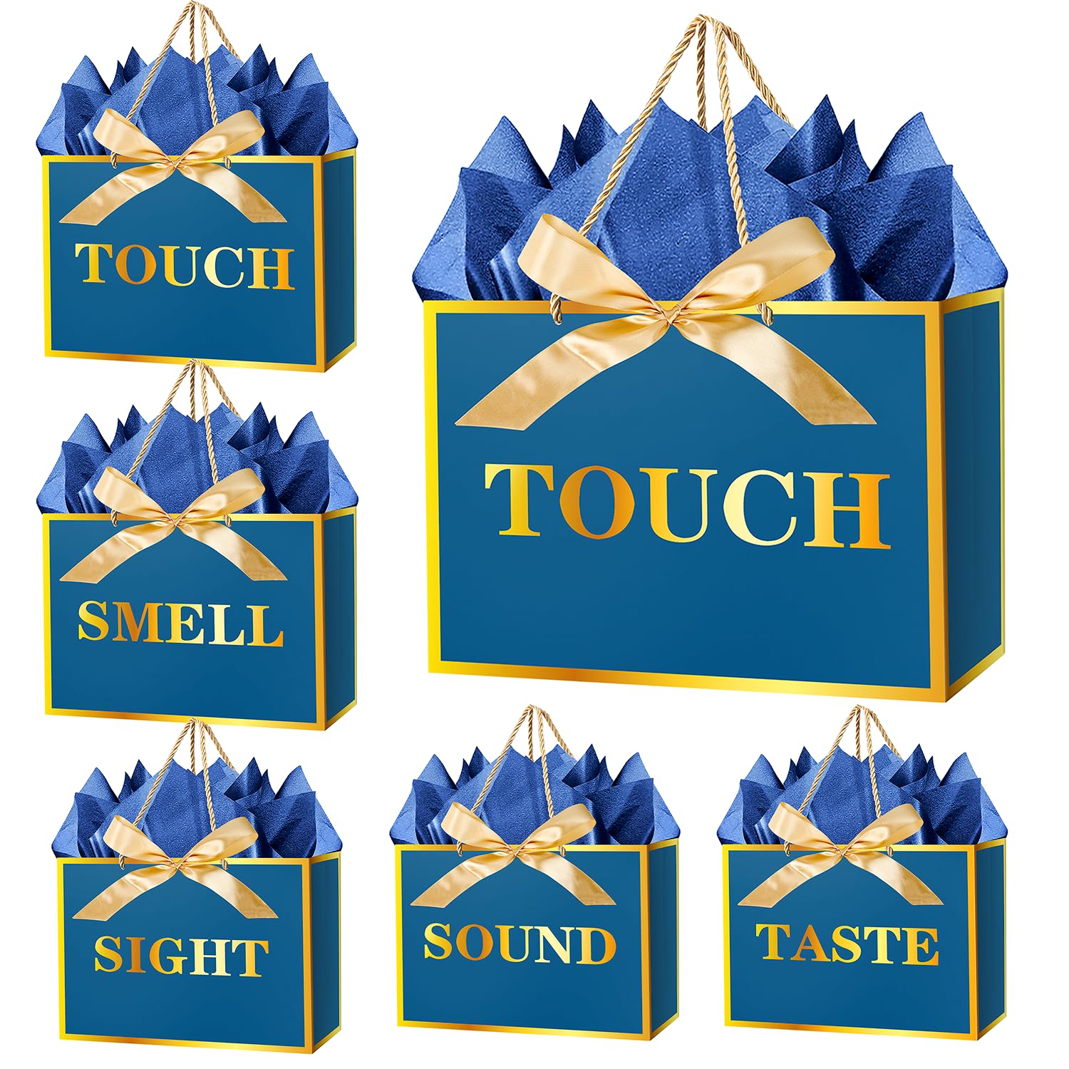 JWSCYSY 12.6" 5 Senses Gift Bags with Tissue Papers and Ribbons for Men, Him Birthday, Anniversary, Wedding, Valentine's Day (Blue Gold) โ image 1