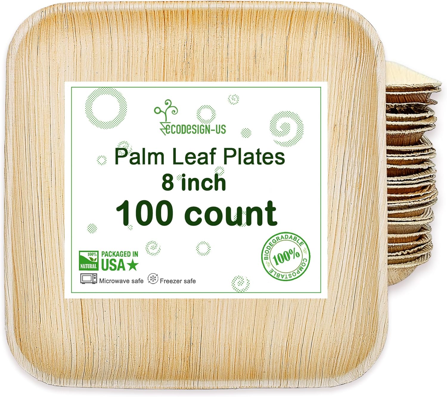 Palm Leaf Plates 100 Count - 8" Square Disposable Heavy Duty Dinnerware - Appetizer and Dessert Plates for Weddings, Catering, Parties