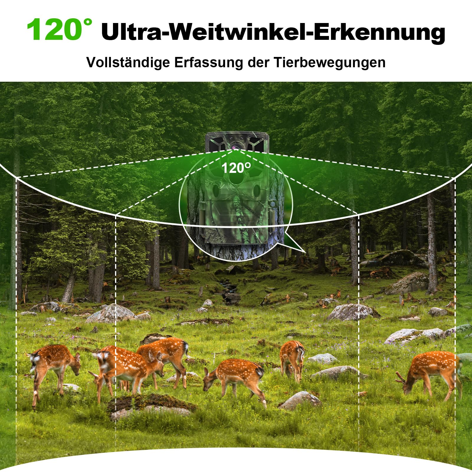 Wildkamera mit Handyübertragung App, 5K Video 60MP Full HD WLAN Bluetooth Wildtierkamera Nachtsicht Bewegungsmelder 0,1s Auslösezeit IP66 Wasserdicht 32GB Speicherkarte AA-Batterien