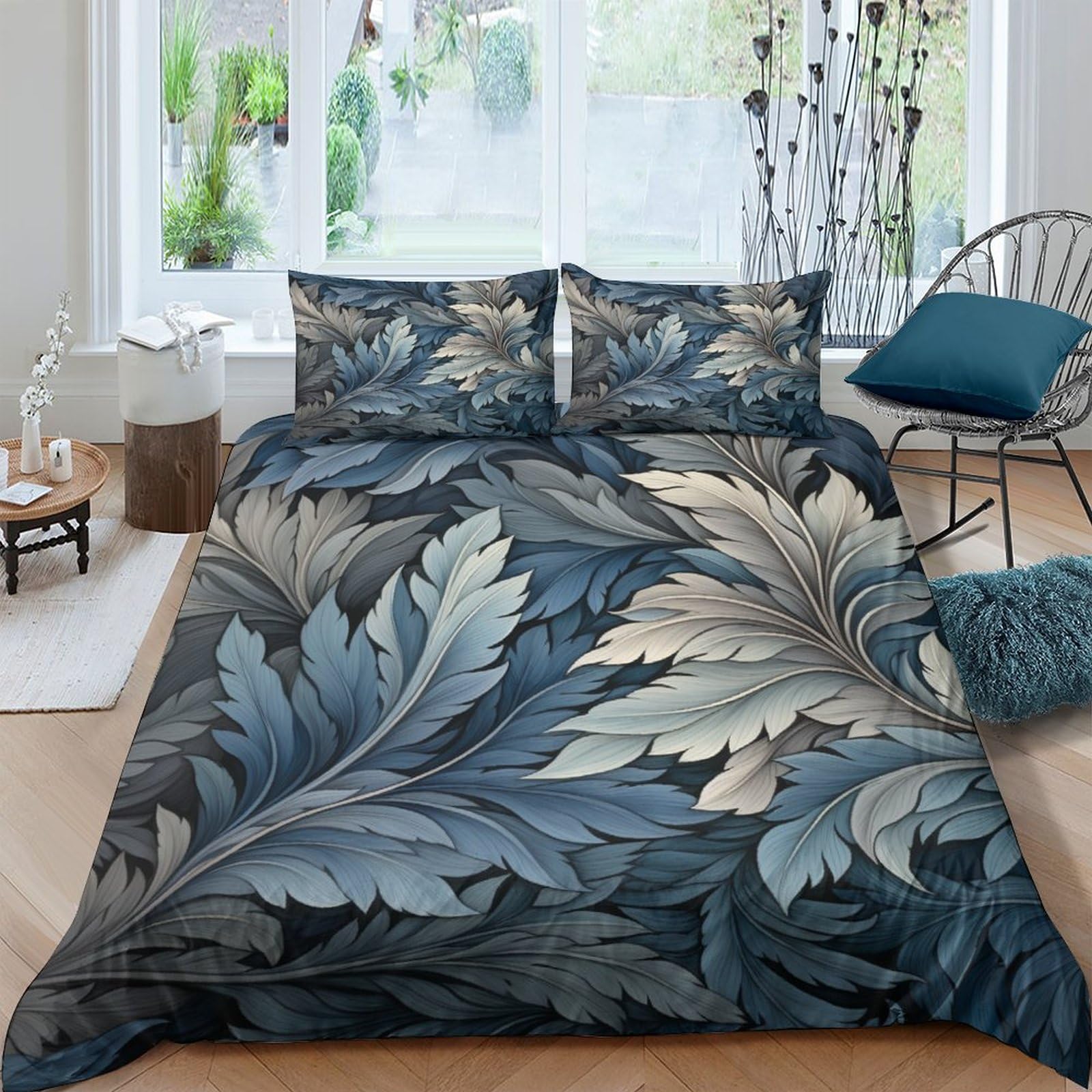 Housse de couette anti-pli et sans repassage motif feuilles pour lit adulte
