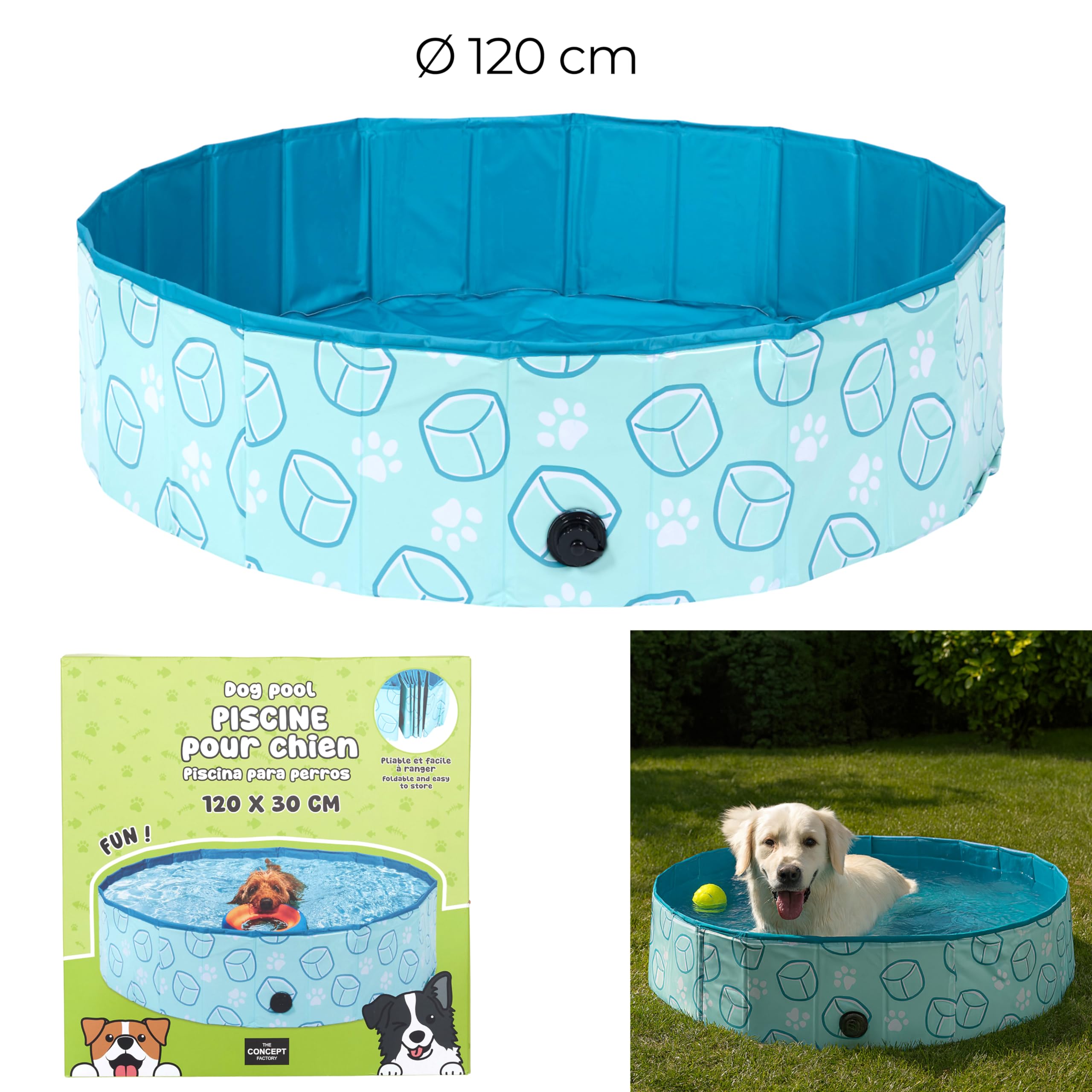 THE CONCEPT FACTORY - AN6120 - Piscine pour Chien Pliable 120 cm - Structure Robuste en Polyester - Facile à Installer et à Ranger - Idéale pour L'Été - Vidange Rapide - Couleur Bleu - Taille 120 cm