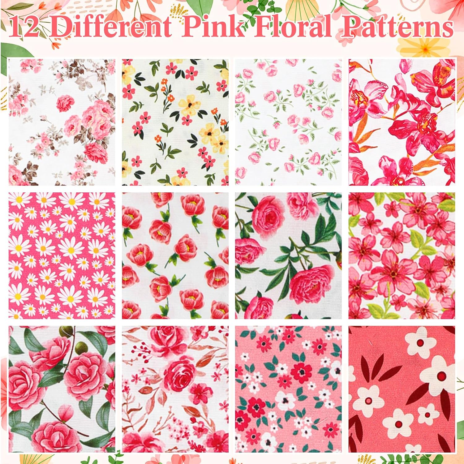 Ganeen 60pcs Pink Floral Jelly Cotton Fabric Roll 2.5'' x 40'' Sewing Quilting Fabric Roll for Summer Quilting DIY Crafting Sewing Blanket Rug Home Decor Purse