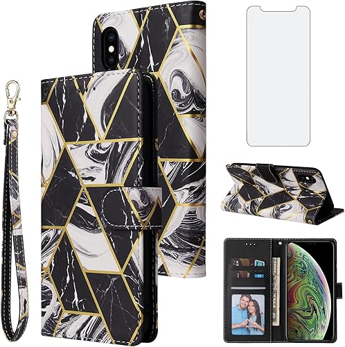 Asuwish Funda compatible con iPhone Xs Max y protector de pantalla de vidrio templado, funda de cuero con tapa para teléfono i X XR Xsmax 10x SX