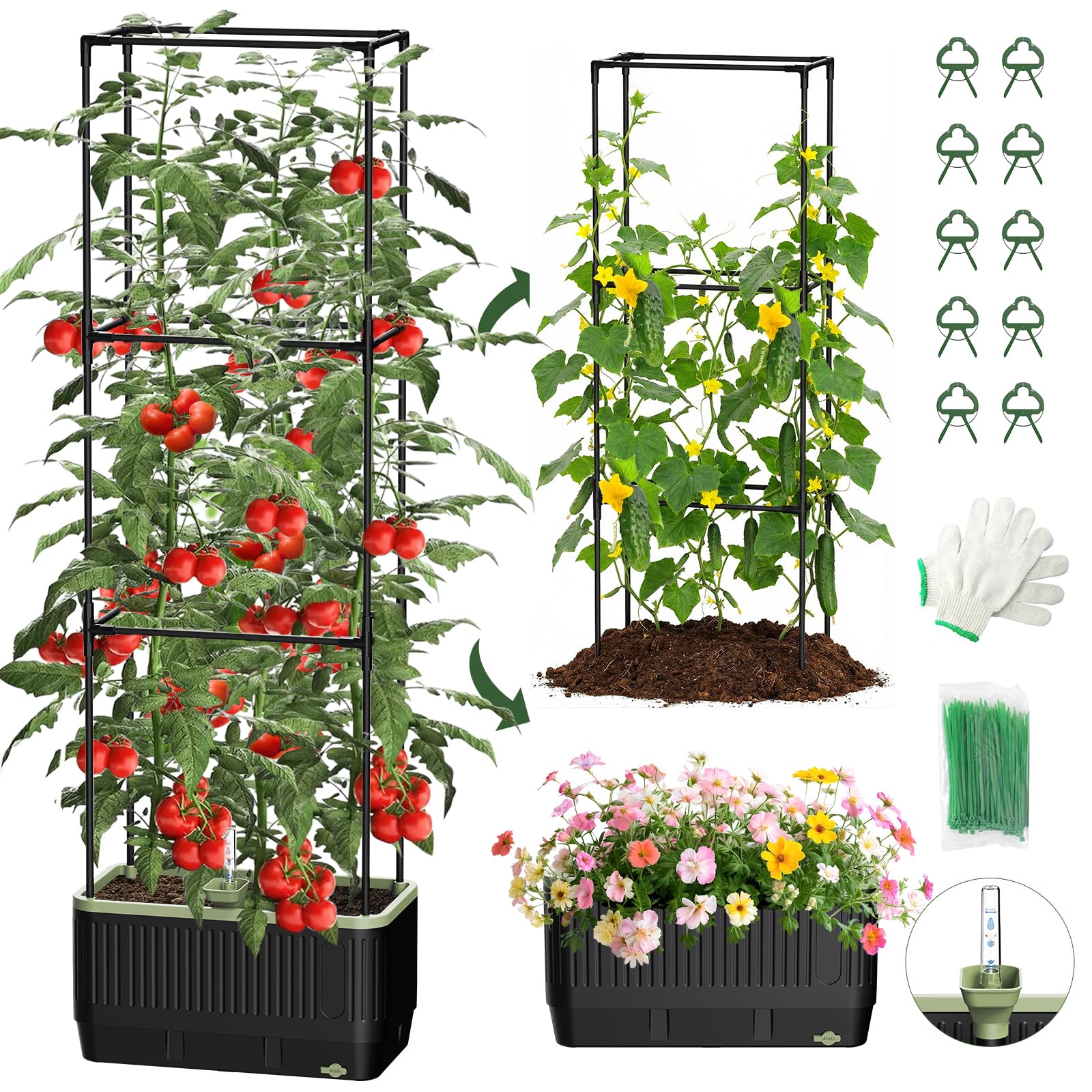 MQJIAZHI Self Watering Tomato Planter with Trellis, Rectangular Tomato Cages Trellis for Raised Garden Bed, Tomato Planters Box for Garden Pots Patio Indoor Outdoor (Rectangular, 2PC)