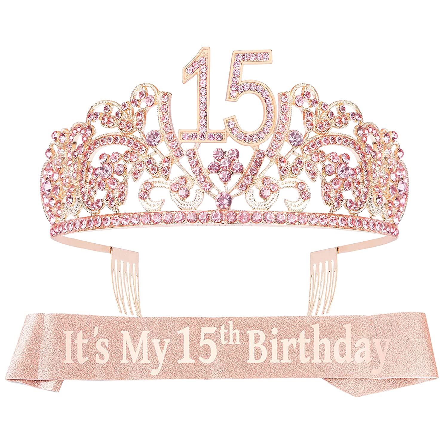 15th Birthday Sash and Tiara for Girls - Fabulous Set: Glitter Sash + Flowers Rhinestone Pink Premium Metal Tiara, 15th Birthday Gifts for Teenegers Party