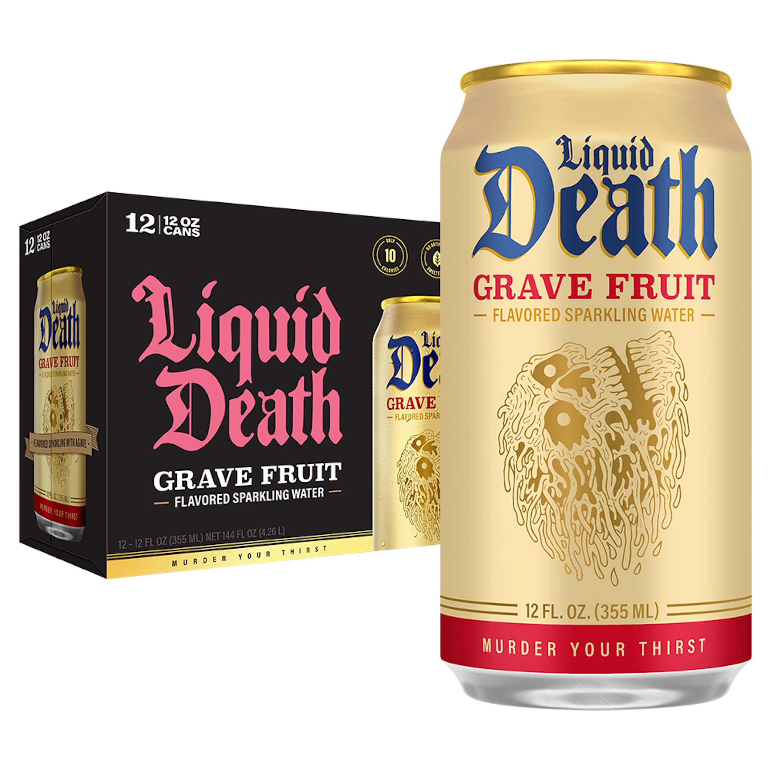 Liquid Death Soda-Flavored Sparkling Water - Doctor Death (Cherry, Cream, Spice), Less Sugar*, Huge Flavor, No Caffeine, No Artificial Sweeteners, 12 Fl Oz (Pack of 12): Grave Fruit 12 Fl Oz (Pack of 12)