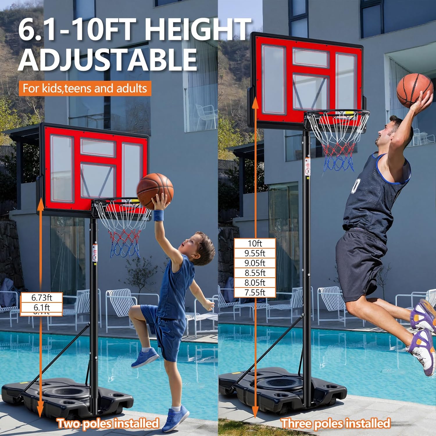 Sweetcrispy Portable Basketball Hoop Outdoor 6.1-10FT Adjustable Height, 44 Inch Shatterproof Backboard/Shock Absorbent Rim, Fillable Base, 2 Wheels for Backyard/Driveway