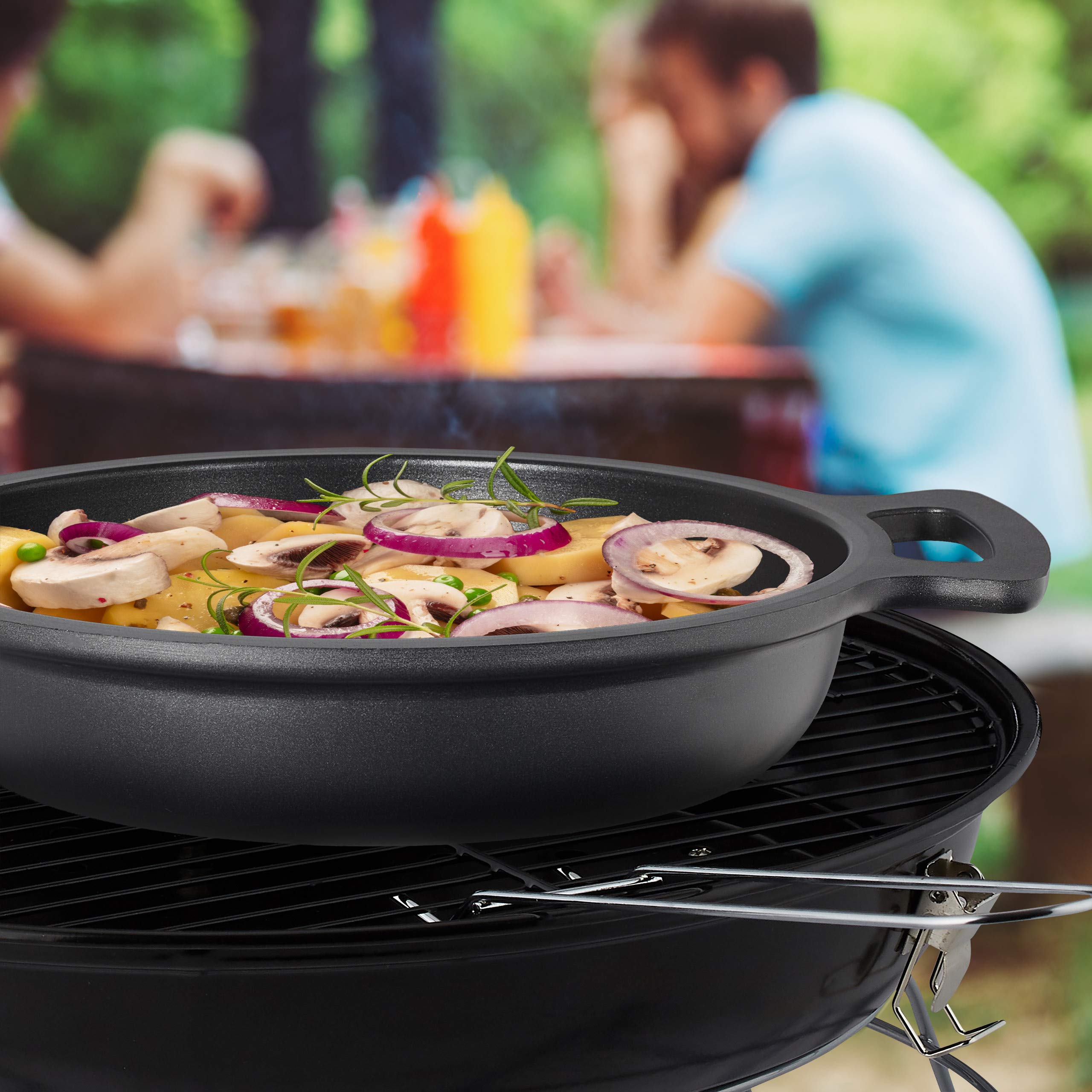 Relaxdays Servierpfanne, antihaftbeschichtet, mit Deckel, für Herd & Grill, Aluminium, Grillpfanne, D 28 cm, anthrazit, 13 x 39.5 x 31 cm